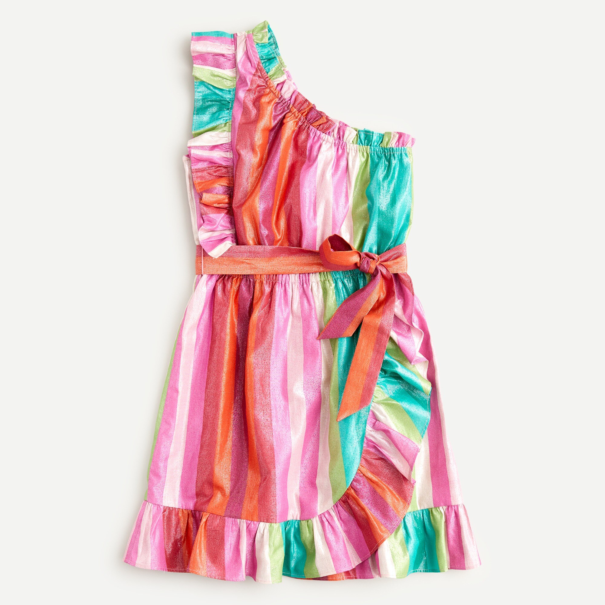 Girls' one-shoulder dress in shiny sunset stripe