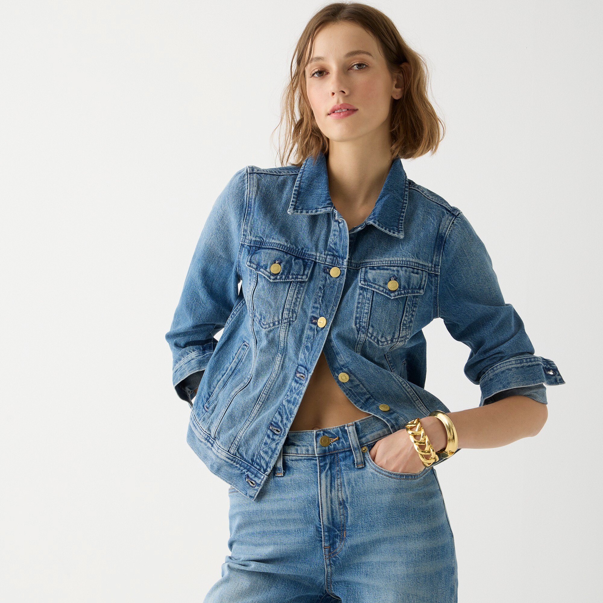 j.crew: classic denim jacket in brilliant day wash for women, right side, view zoomed