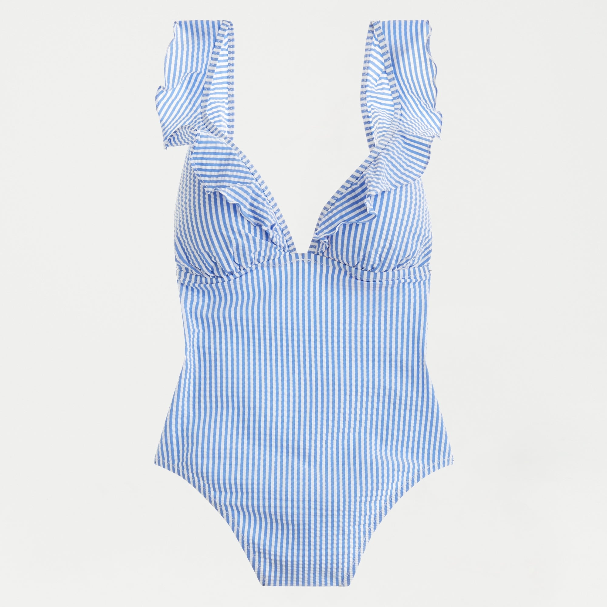 V-neck ruffle one-piece in seersucker