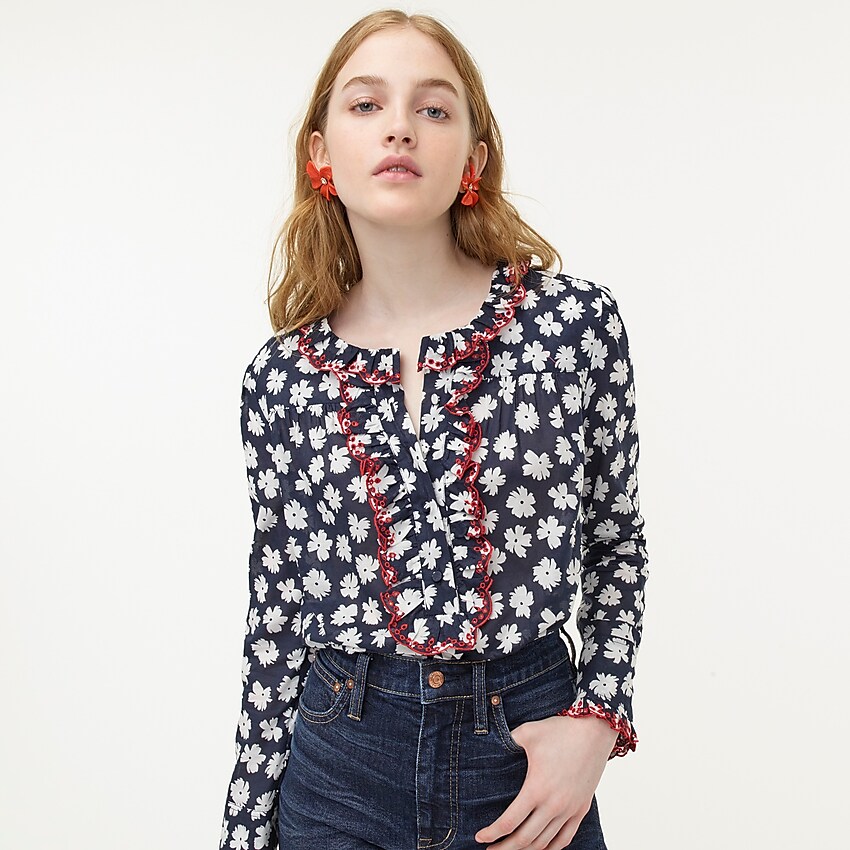 j.crew: embroidered ruffle blouse in scattered daisies print for women, right side, view zoomed
