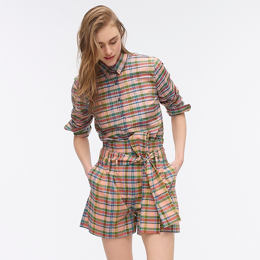j.crew: paper-bag waist short in ribbon plaid, right side, view zoomed