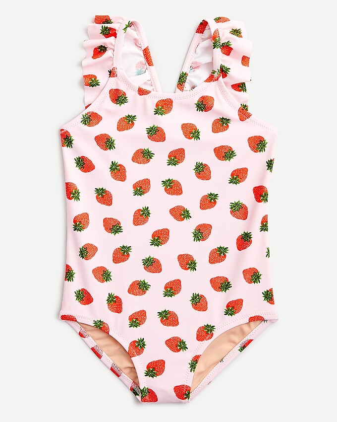 j.crew: girls' ruffle one-piece swimsuit in strawberries for girls, right side, view zoomed