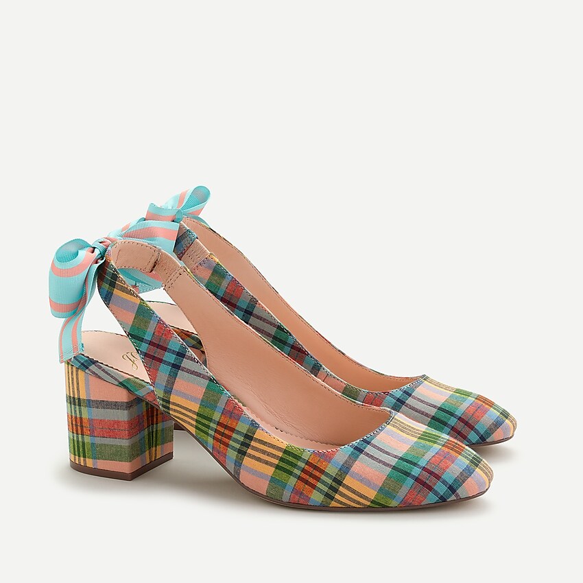 j.crew: bow back slingback pumps in ribbon plaid, right side, view zoomed