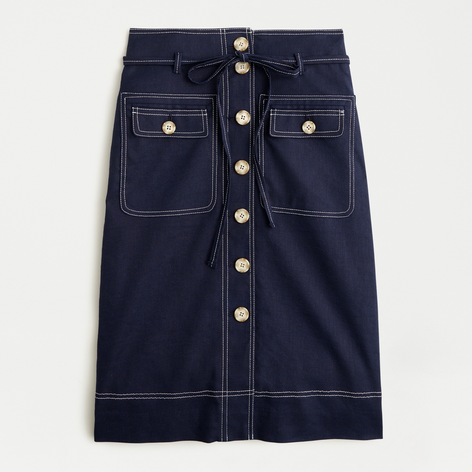 Button-up skirt with removable belt in stretch linen