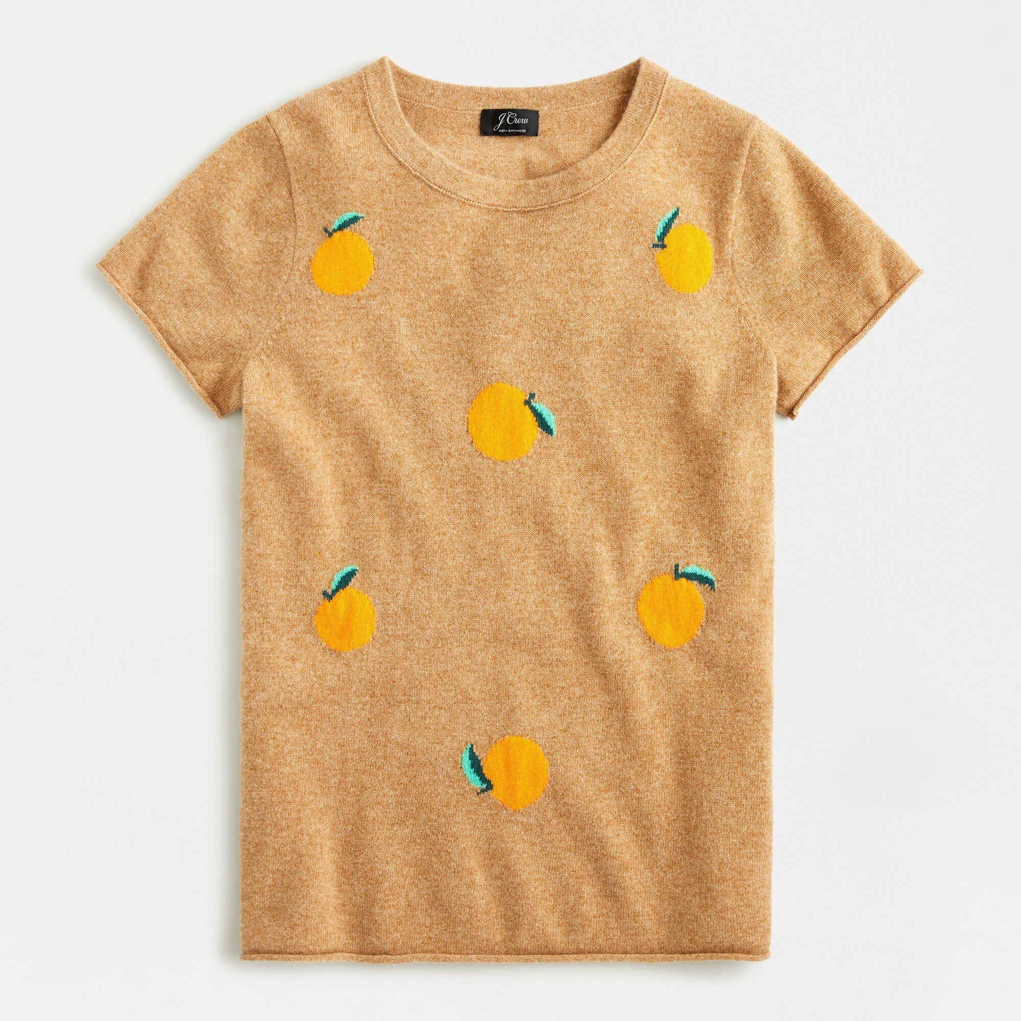 Short-sleeve cashmere T-shirt in orange print