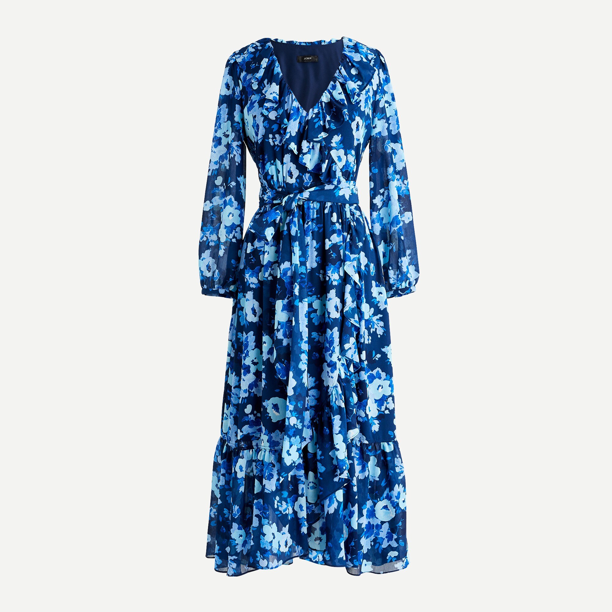 j crew blue wrap dress J. Crew Mercantile Blue Floral Faux Wrap Dress Hi Low Ruffle