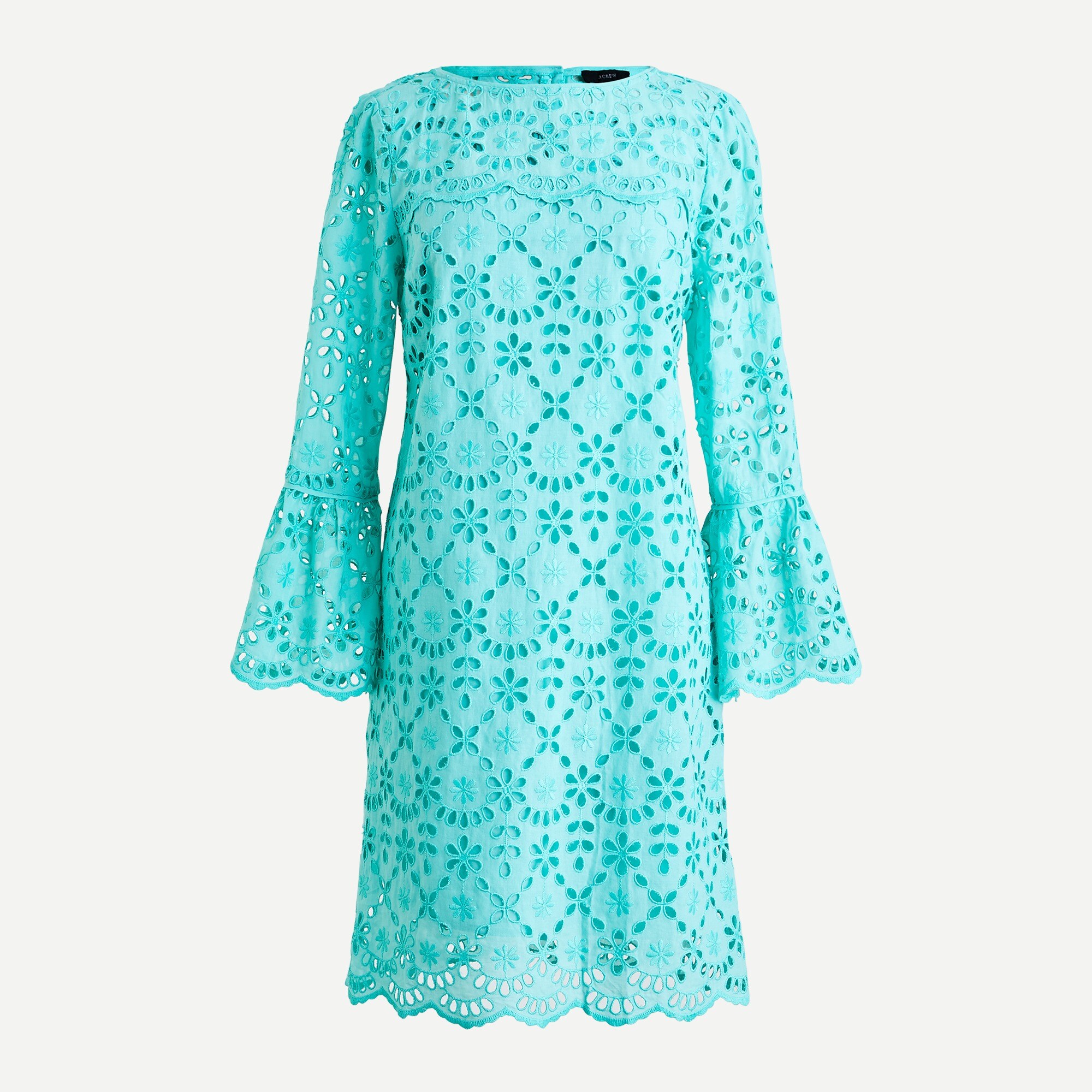 Bell-sleeve dress in embroidered eyelet