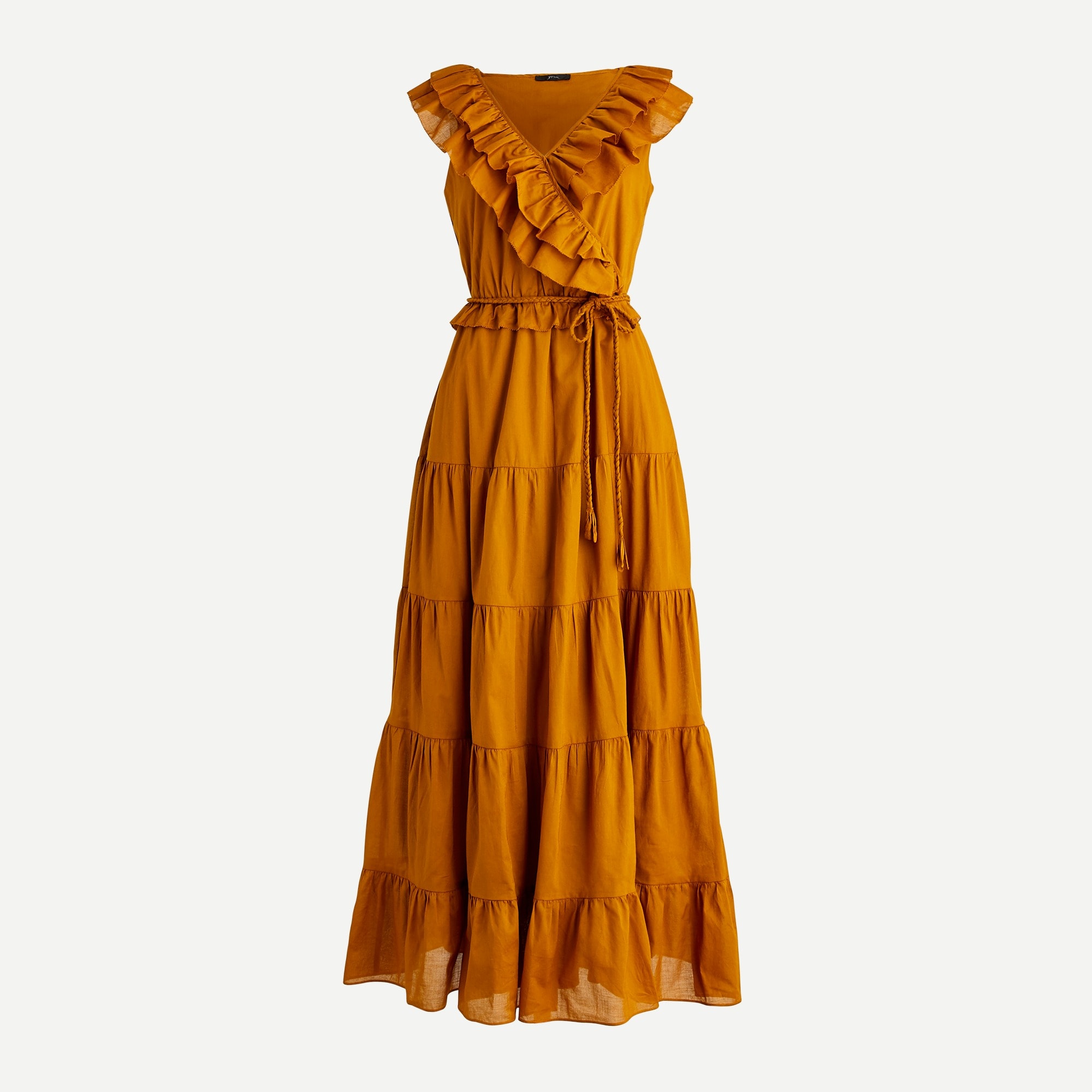 Ruffle-front maxi dress with braided belt