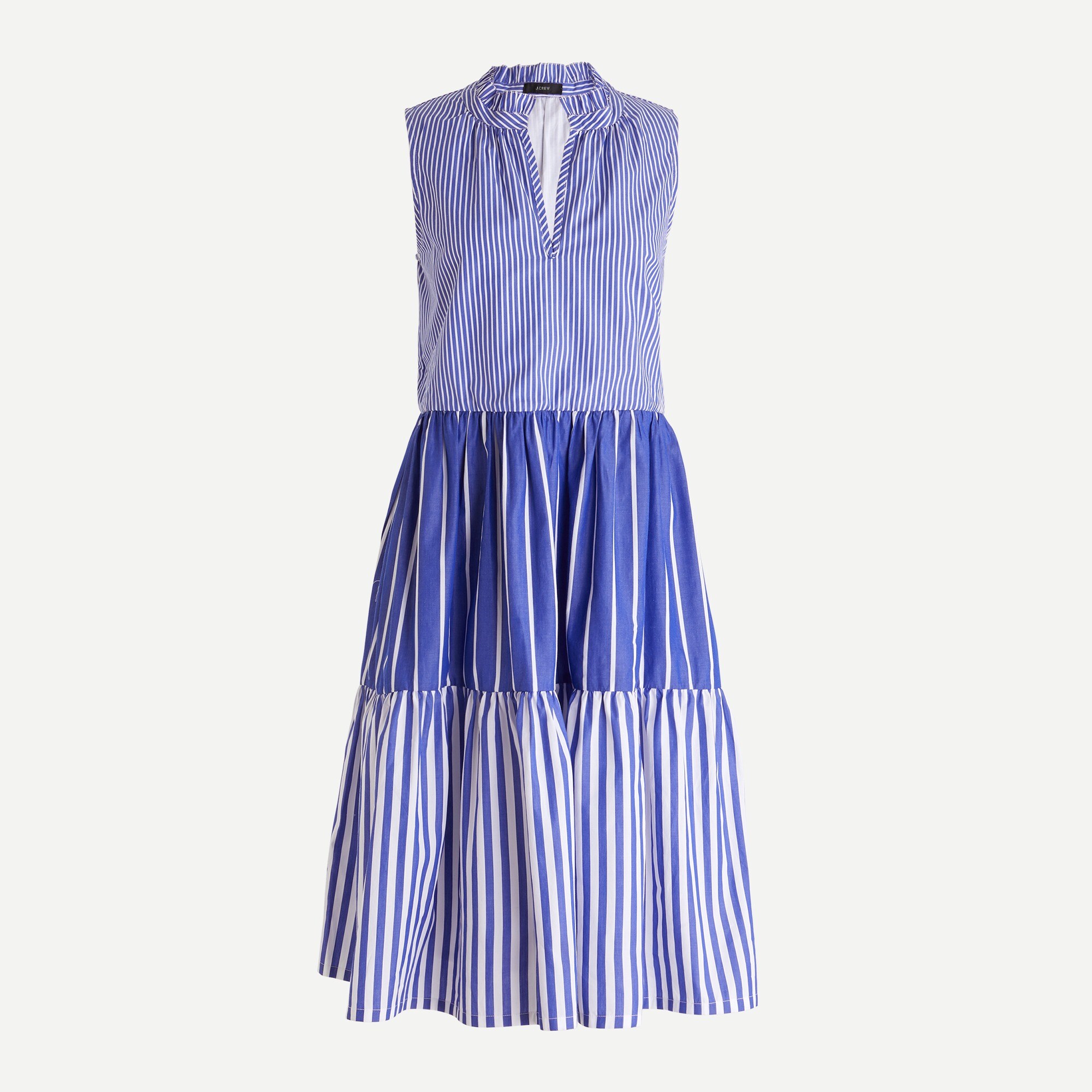 Sleeveless tiered popover dress in mixed stripe
