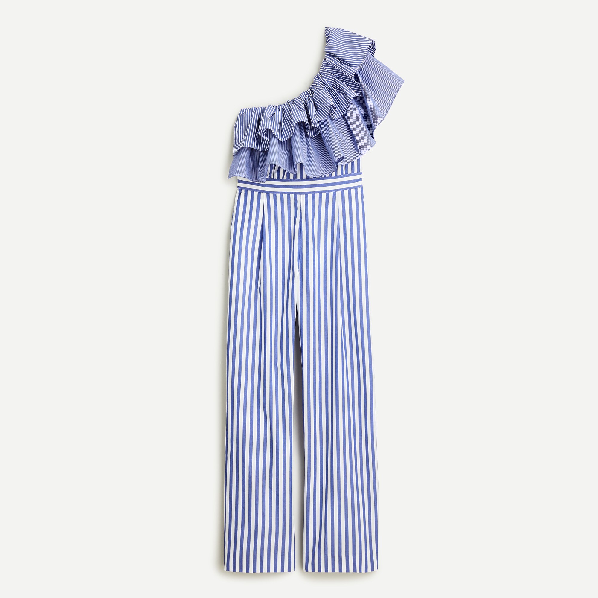 One-shoulder ruffle jumpsuit in mixed stripe