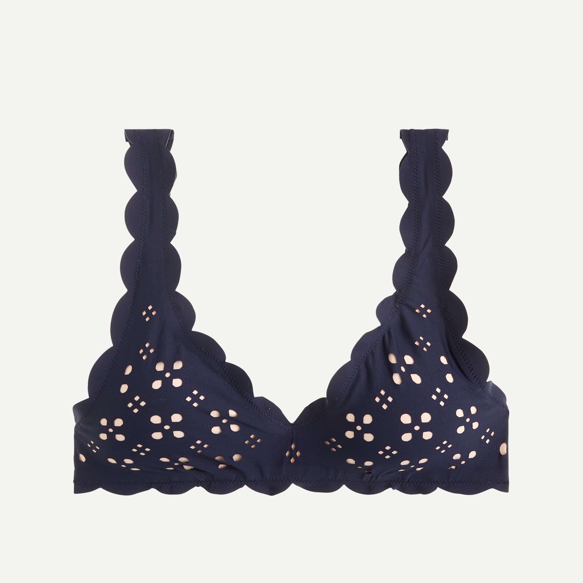 Scalloped V-neck bikini top in laser-cut eyelet