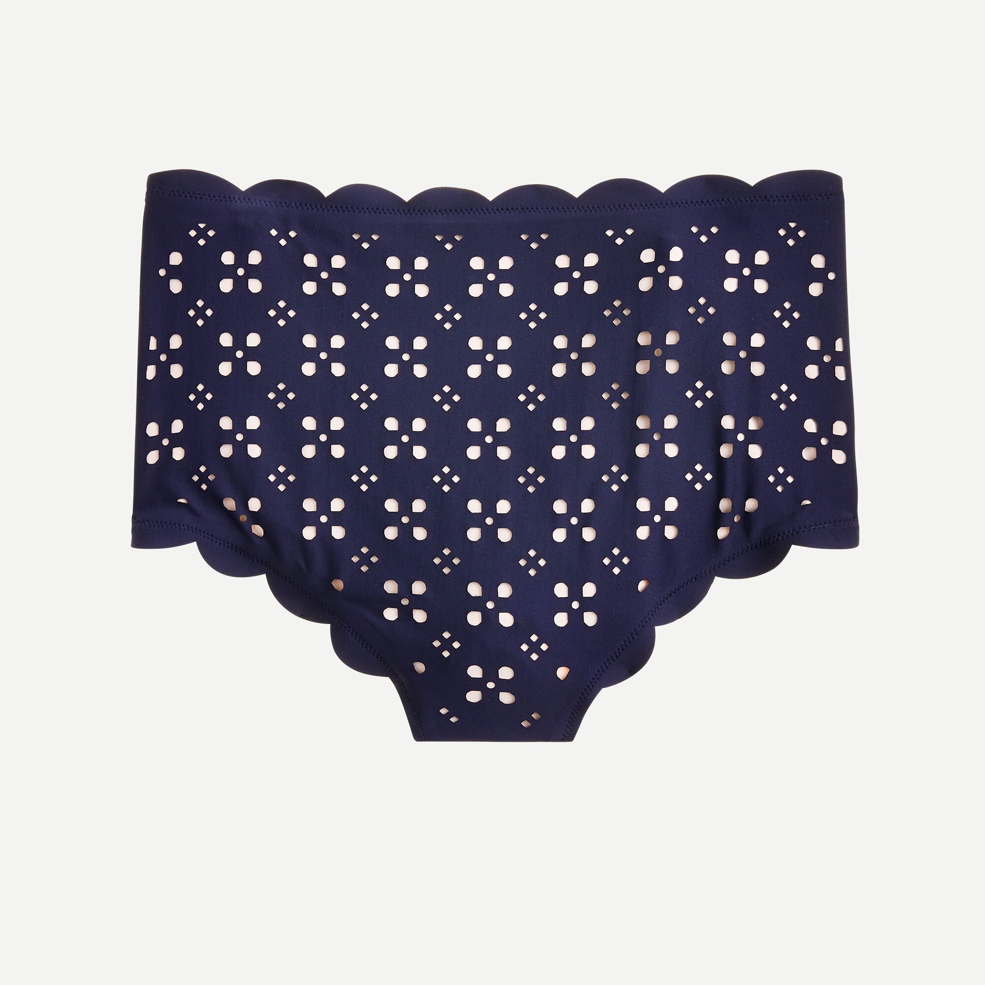 Scalloped high-waisted bikini bottom in laser-cut eyelet