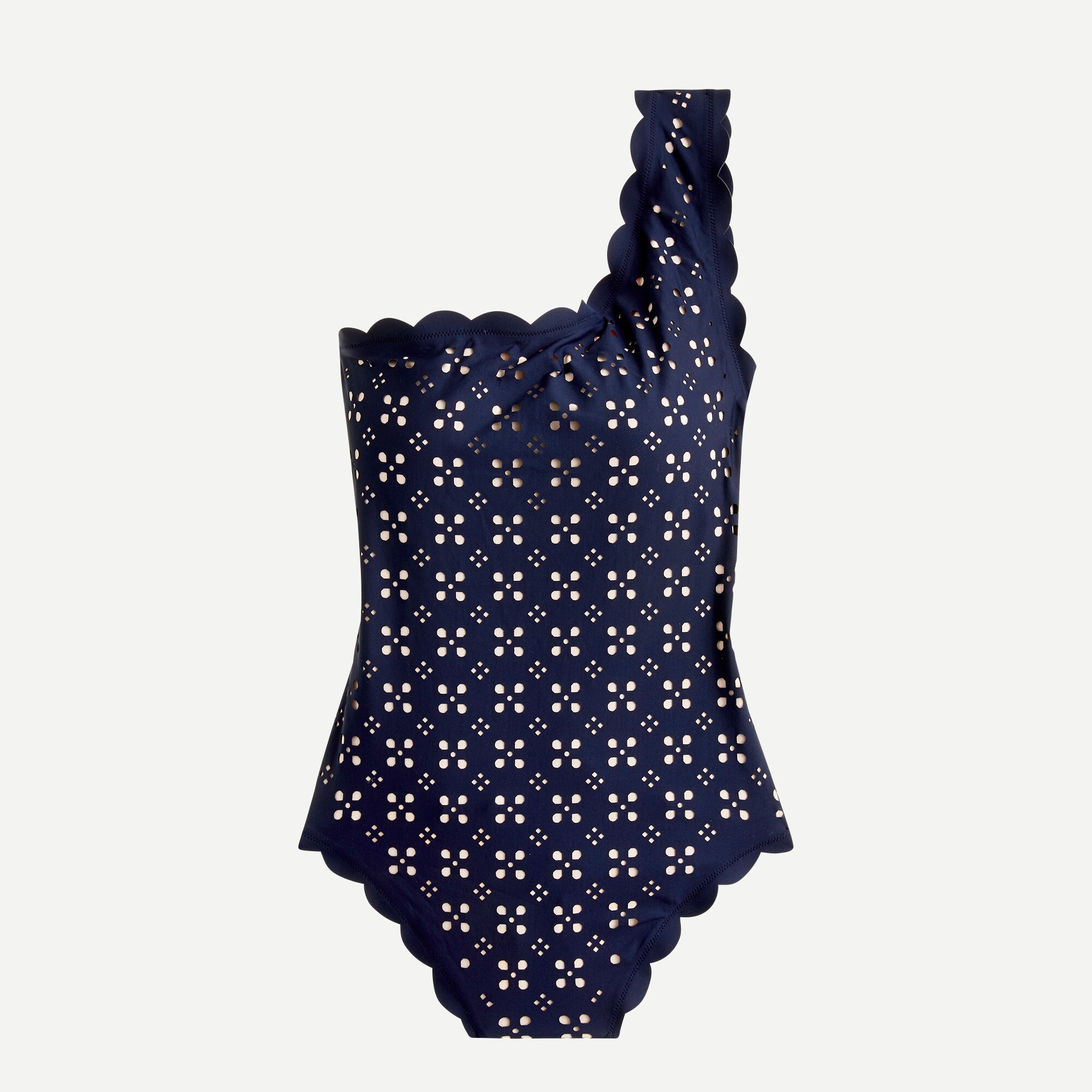 Scalloped one-shoulder swimsuit in laser-cut eyelet