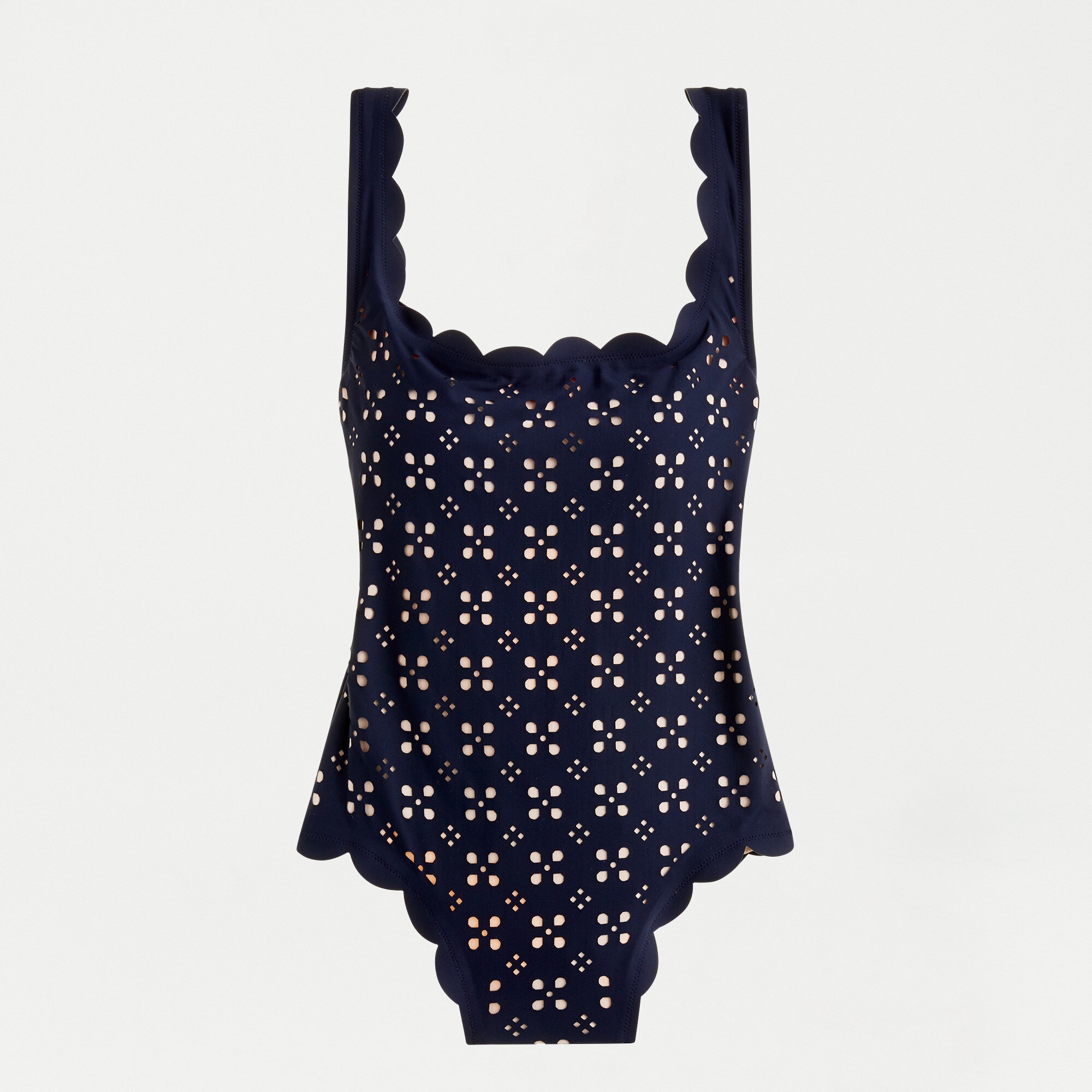 Scalloped one-piece swimsuit in laser-cut eyelet