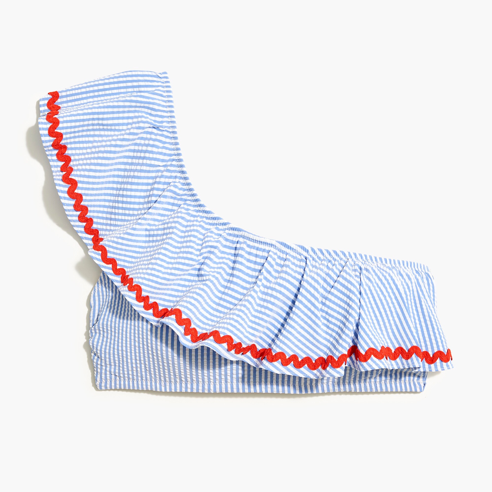 Rickrack seersucker ruffle one-shoulder bikini top