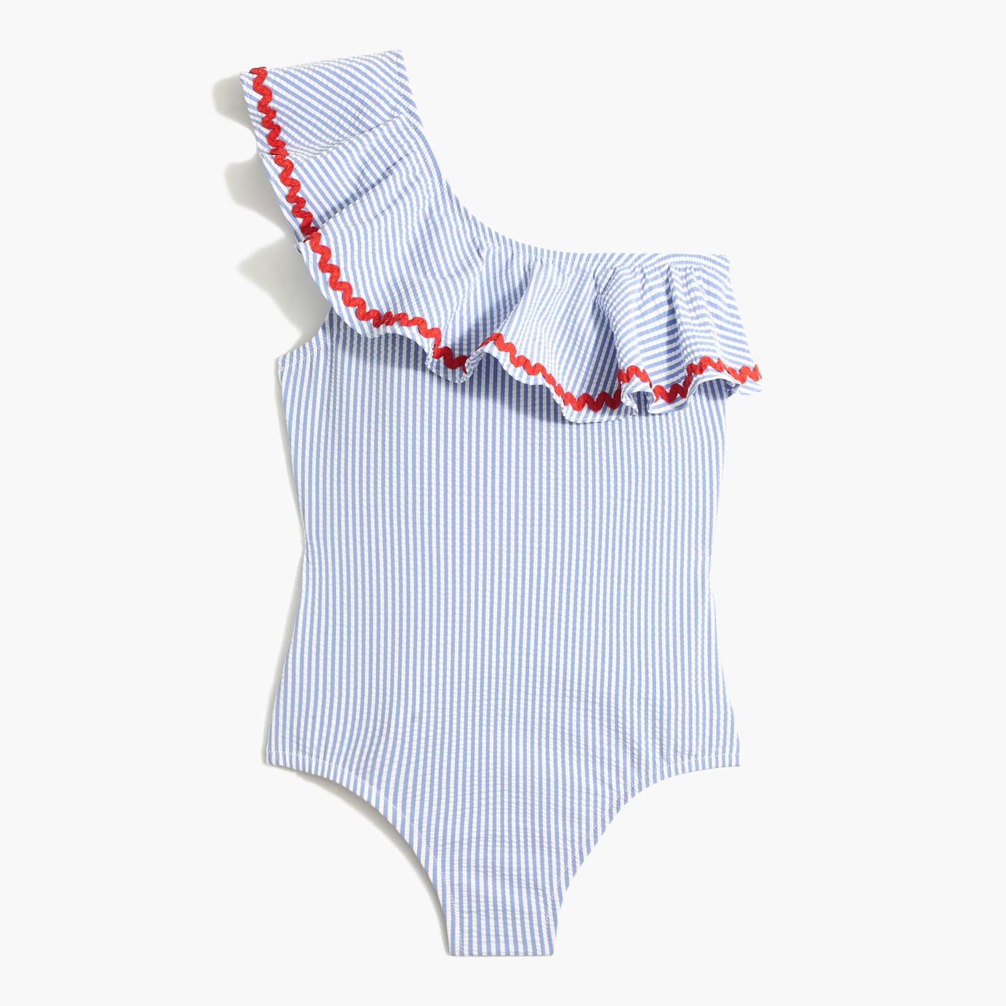 seersucker ruffle one-shoulder one-piece for women
