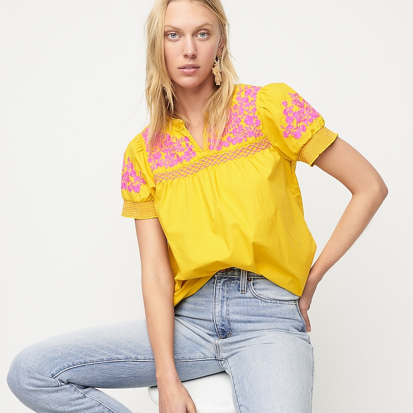 j.crew: embroidered puff-sleeve top for women, right side, view zoomed