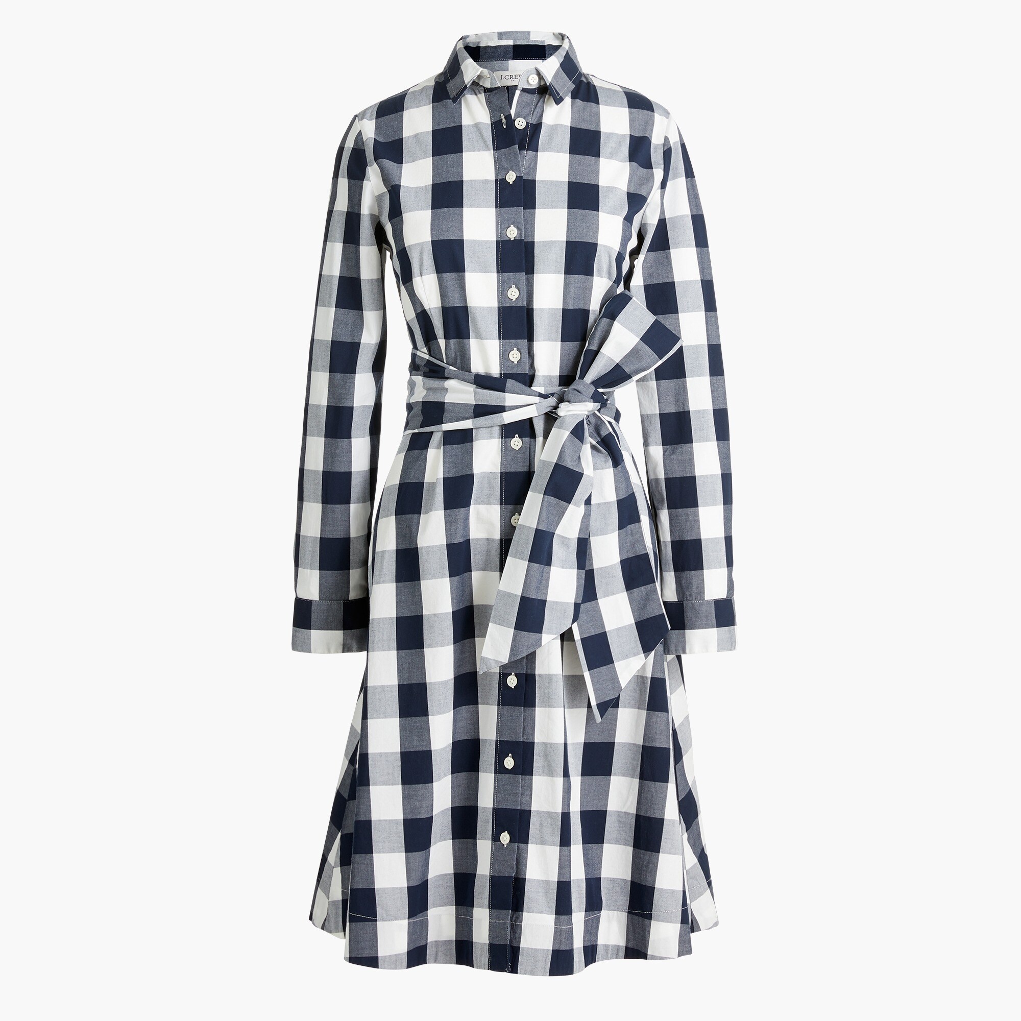 Tie-waist poplin shirtdress in gingham