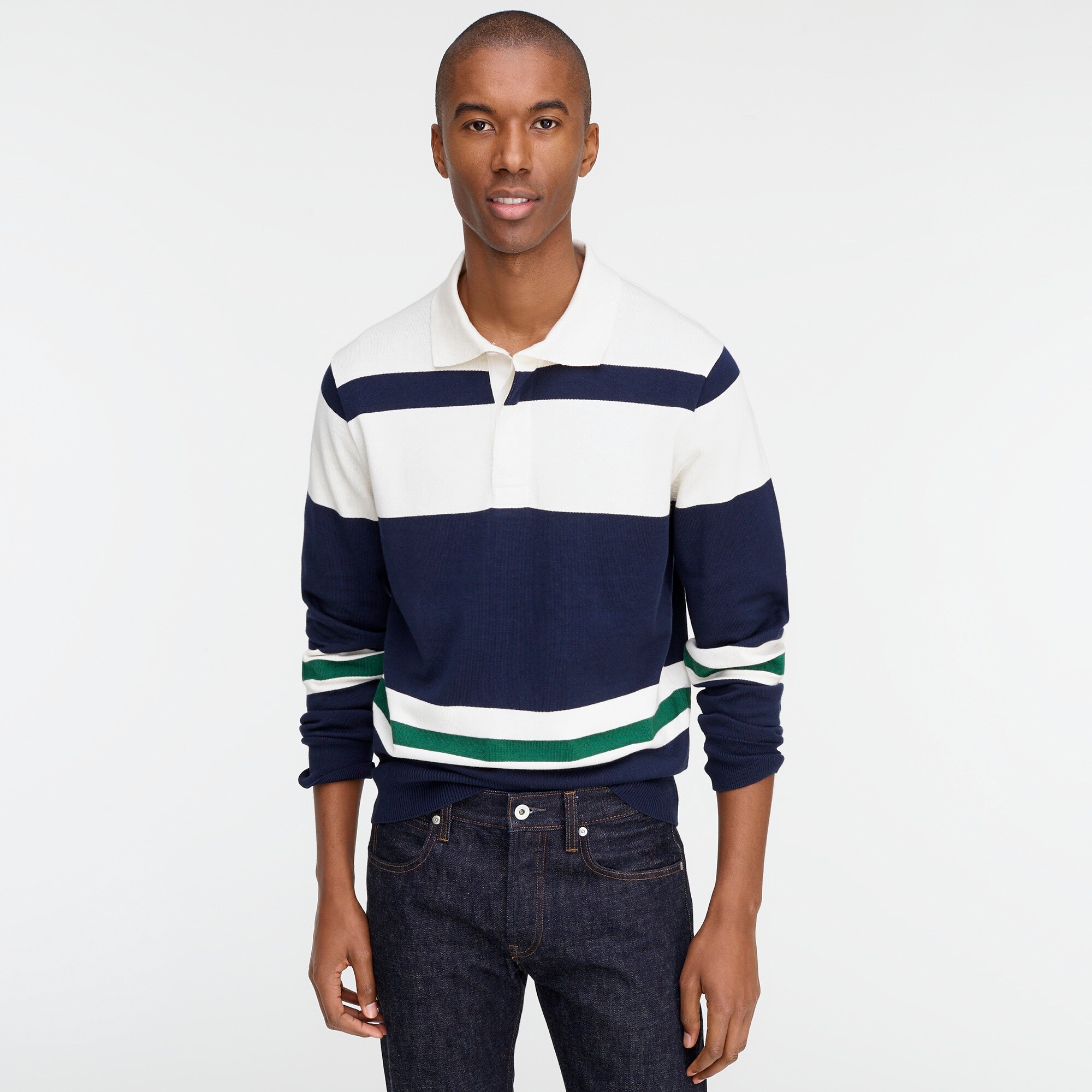 J Crew Cotton Rugby Sweater In Green And Navy Stripe