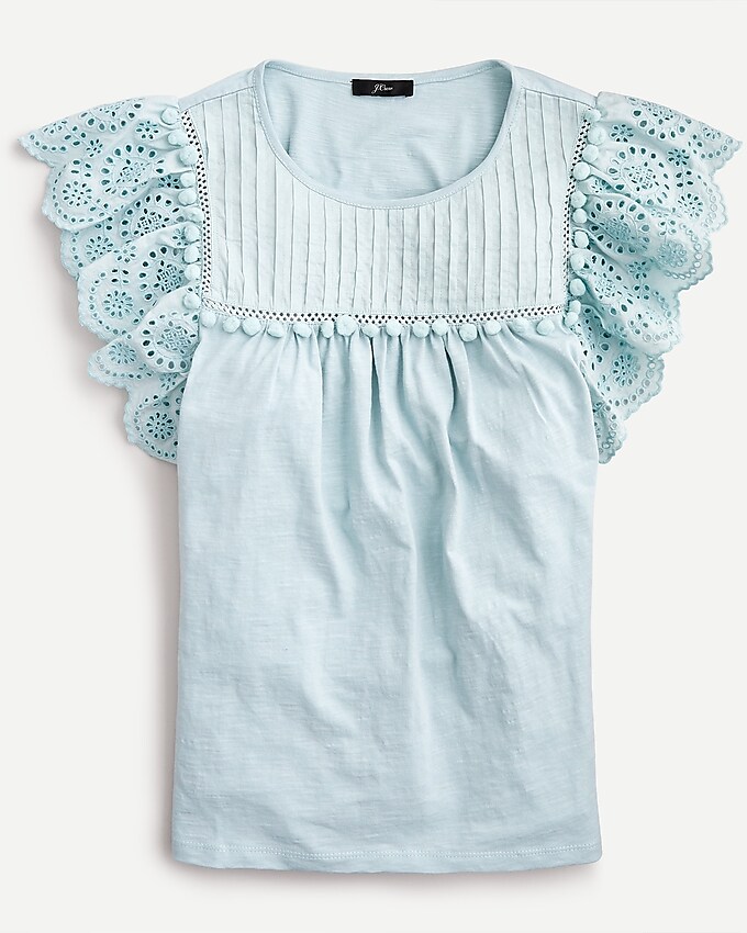 j.crew: eyelet flutter-sleeve top with pom-pom trim for women, right side, view zoomed
