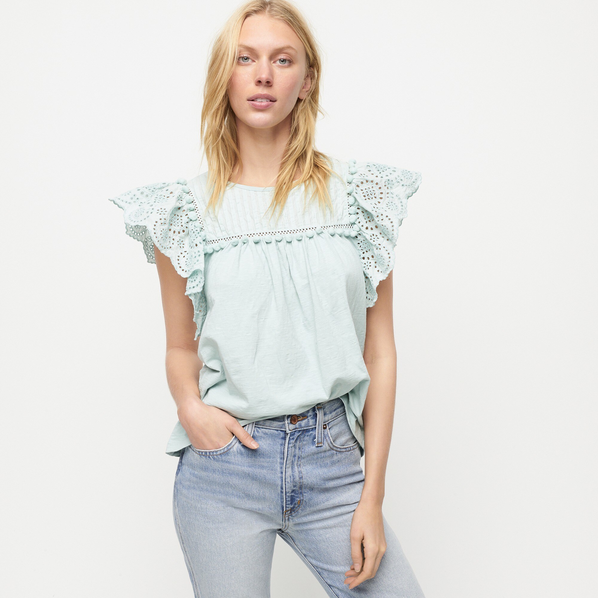 j.crew: eyelet flutter-sleeve top with pom-pom trim for women, right side, view zoomed
