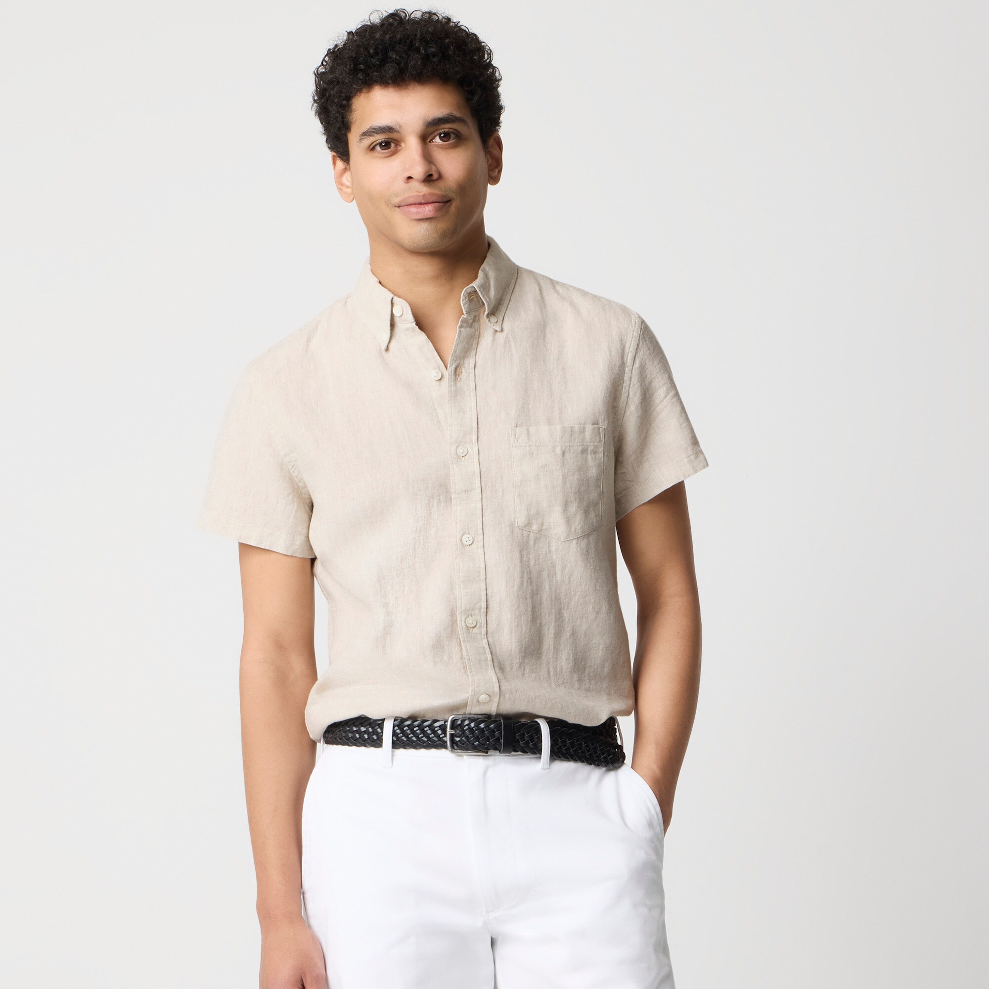  Short-sleeve slim linen-blend shirt