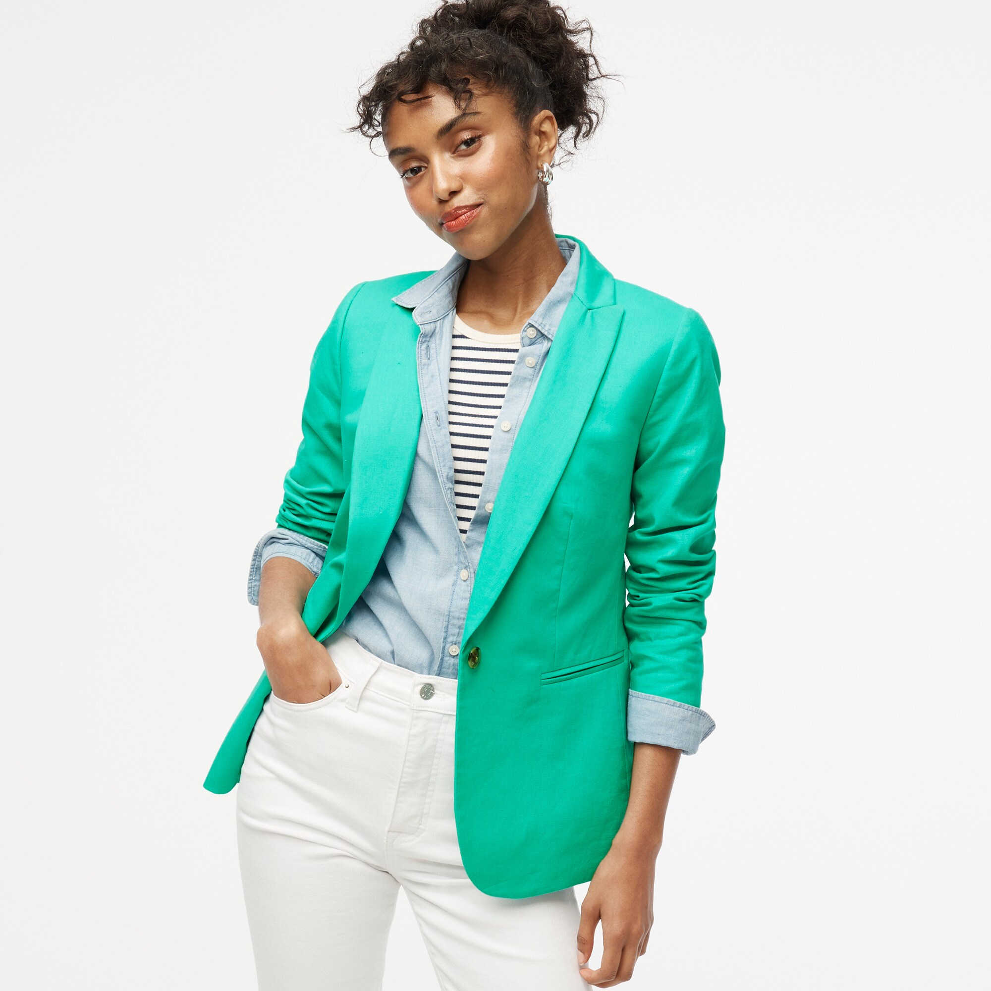 factory: linen-blend one-button blazer for women