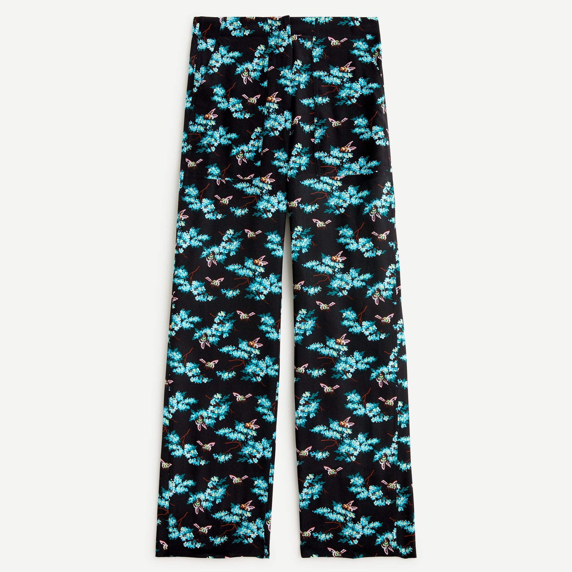 Silk straight-leg pant in botanical bees print