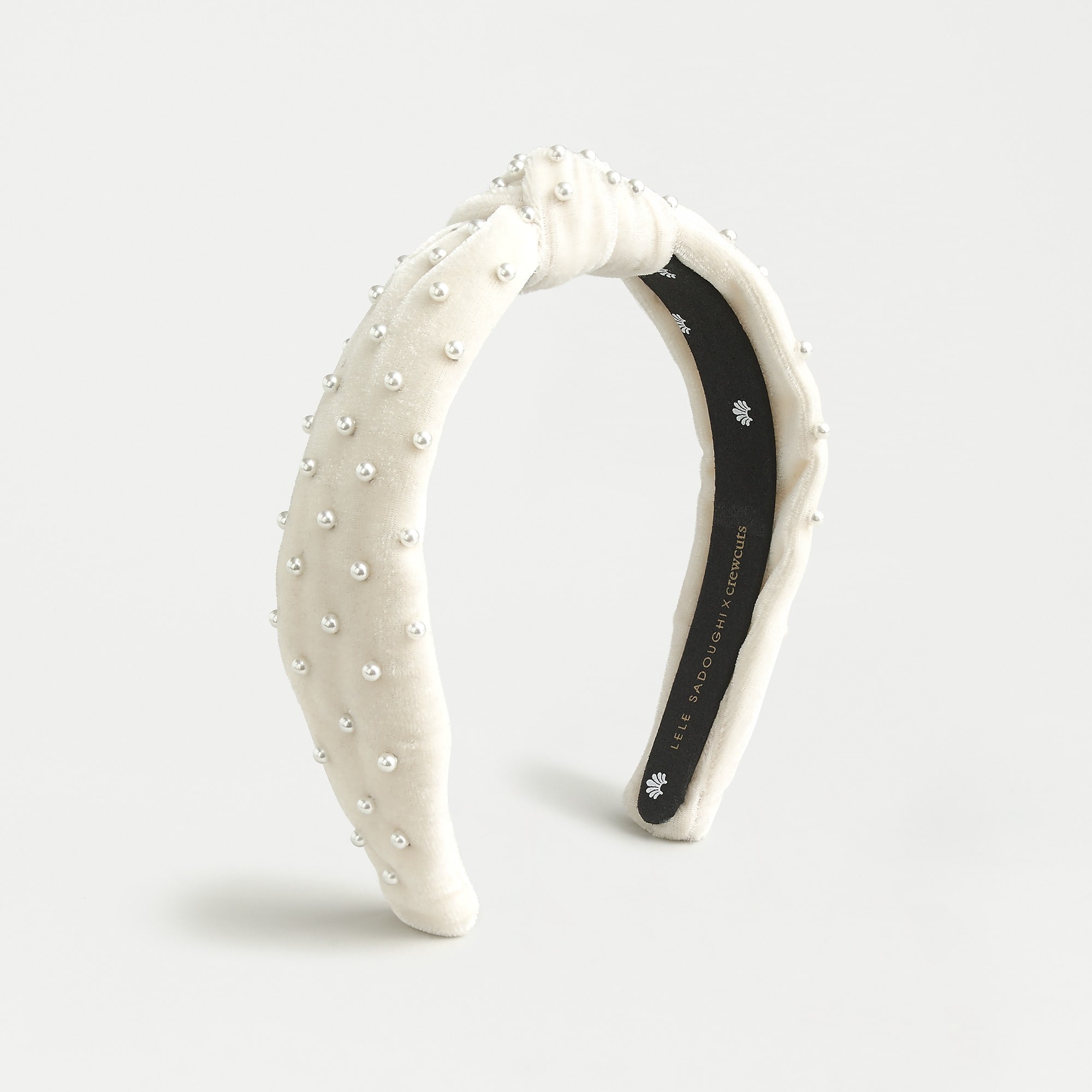 Girls’ Lele Sadoughi X crewcuts knot headband in ivory velvet with pearls