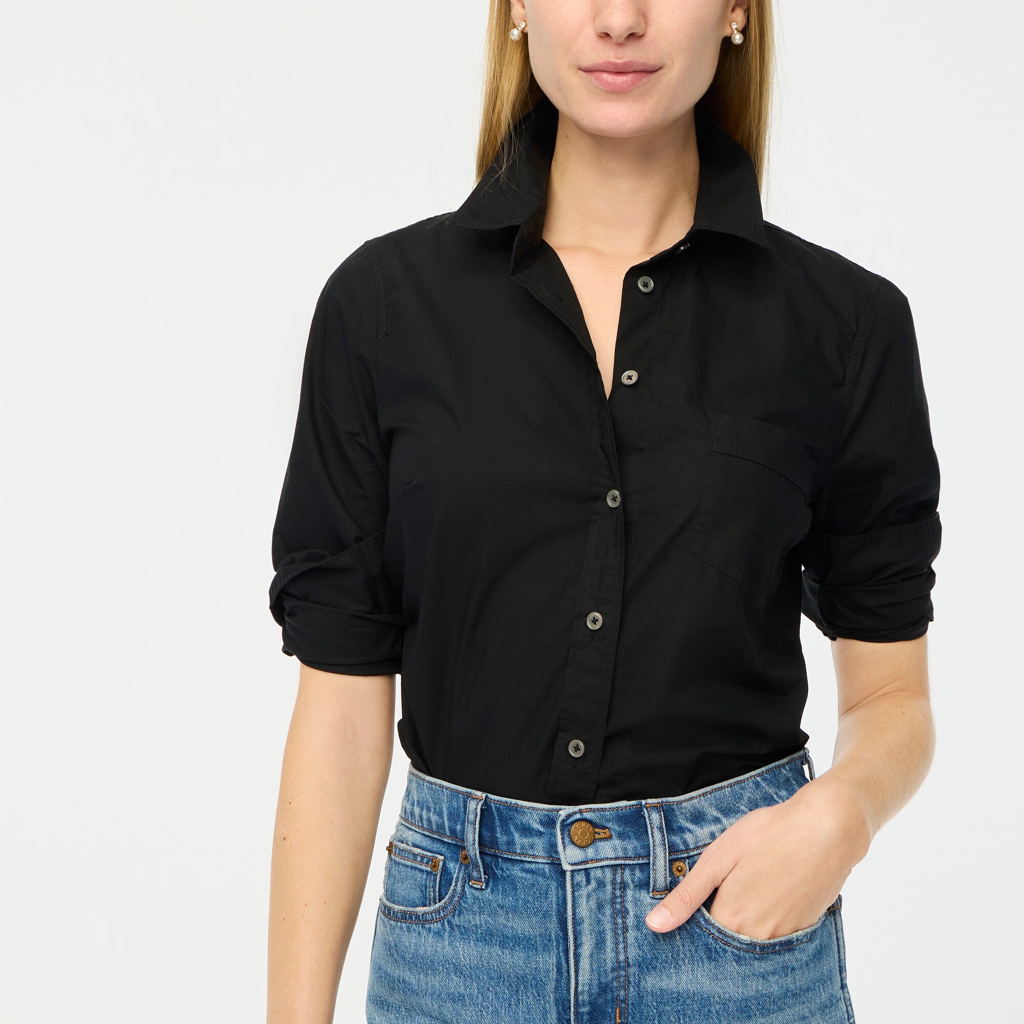 womens Petite button-up cotton-blend poplin shirt in signature fit