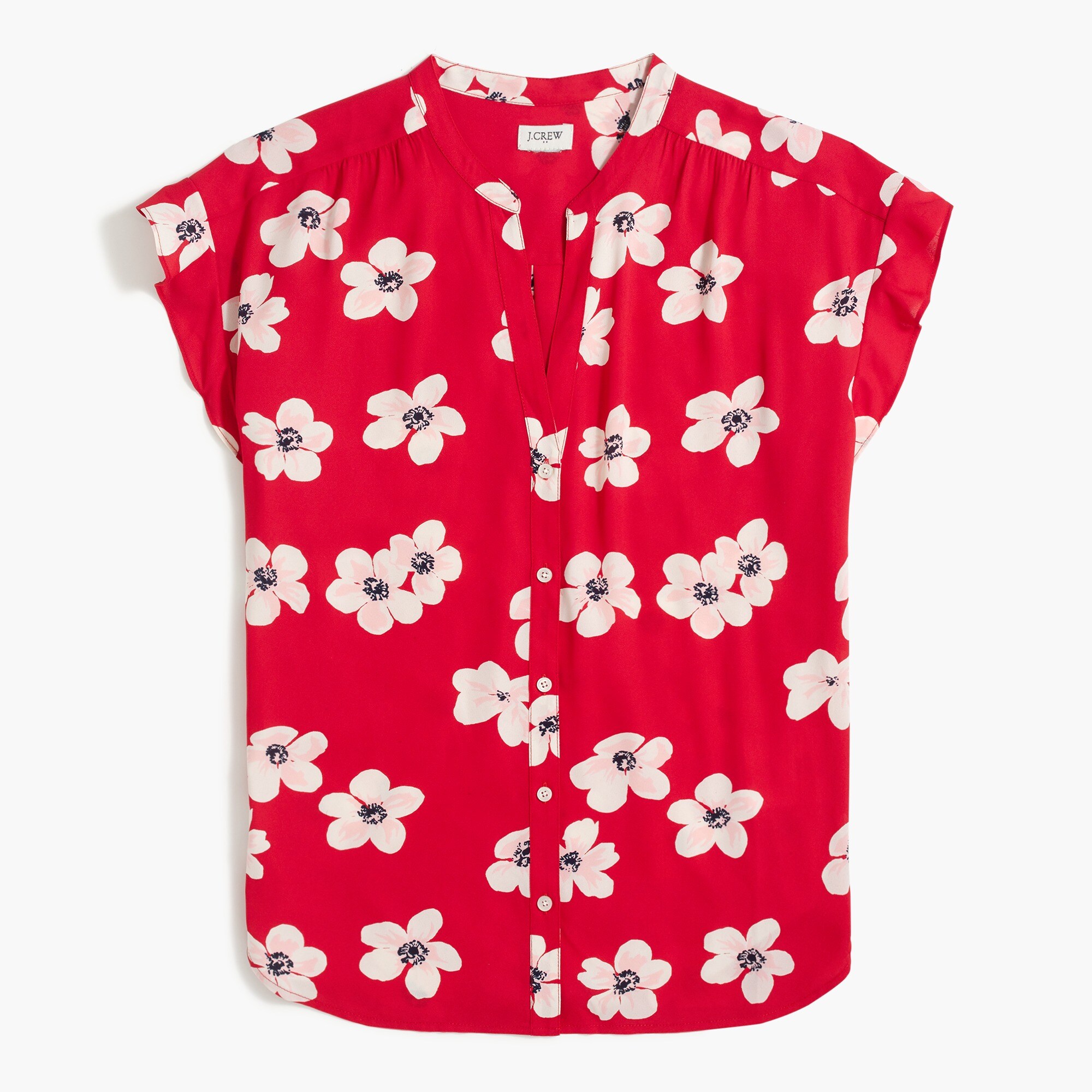 Ruffle-sleeve camp shirt in cherry blossom print