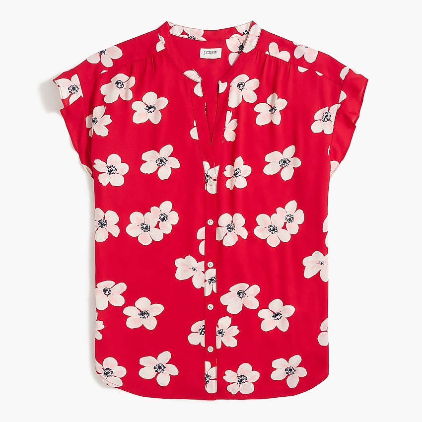 factory: ruffle-sleeve camp shirt in cherry blossom print for women, right side, view zoomed