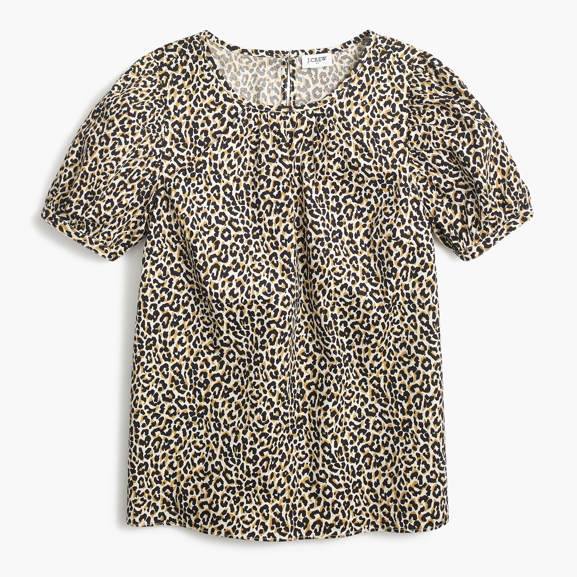 Leopard puff-sleeve top in stretch cotton poplin