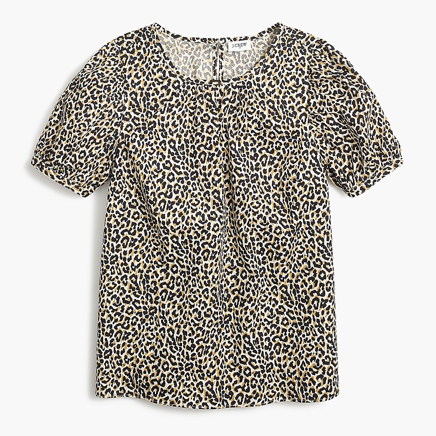 factory: leopard puff-sleeve top in stretch cotton poplin for women, right side, view zoomed