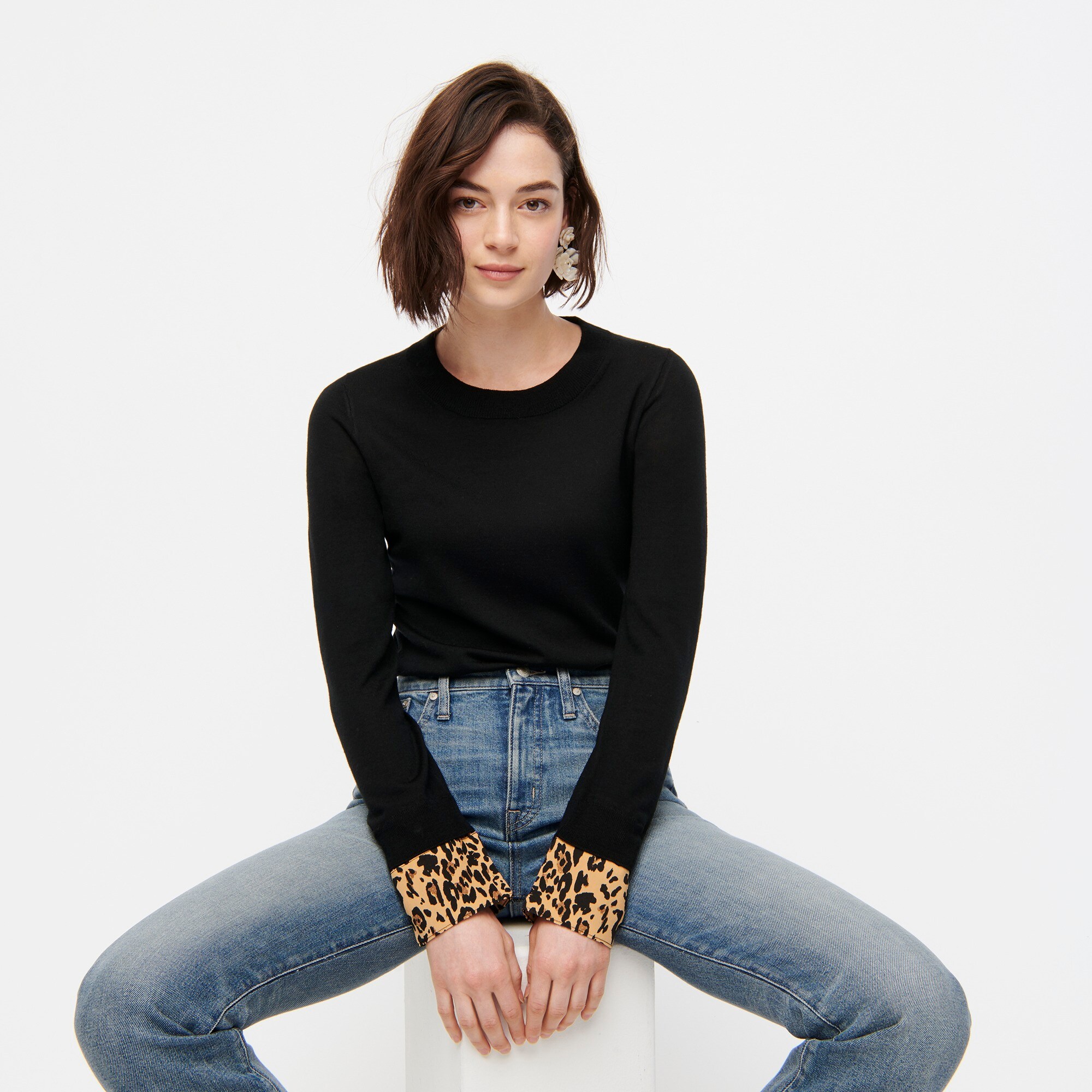J Crew Tippi Sweater With Leopard Print Cuffs In Re Imagined Wool