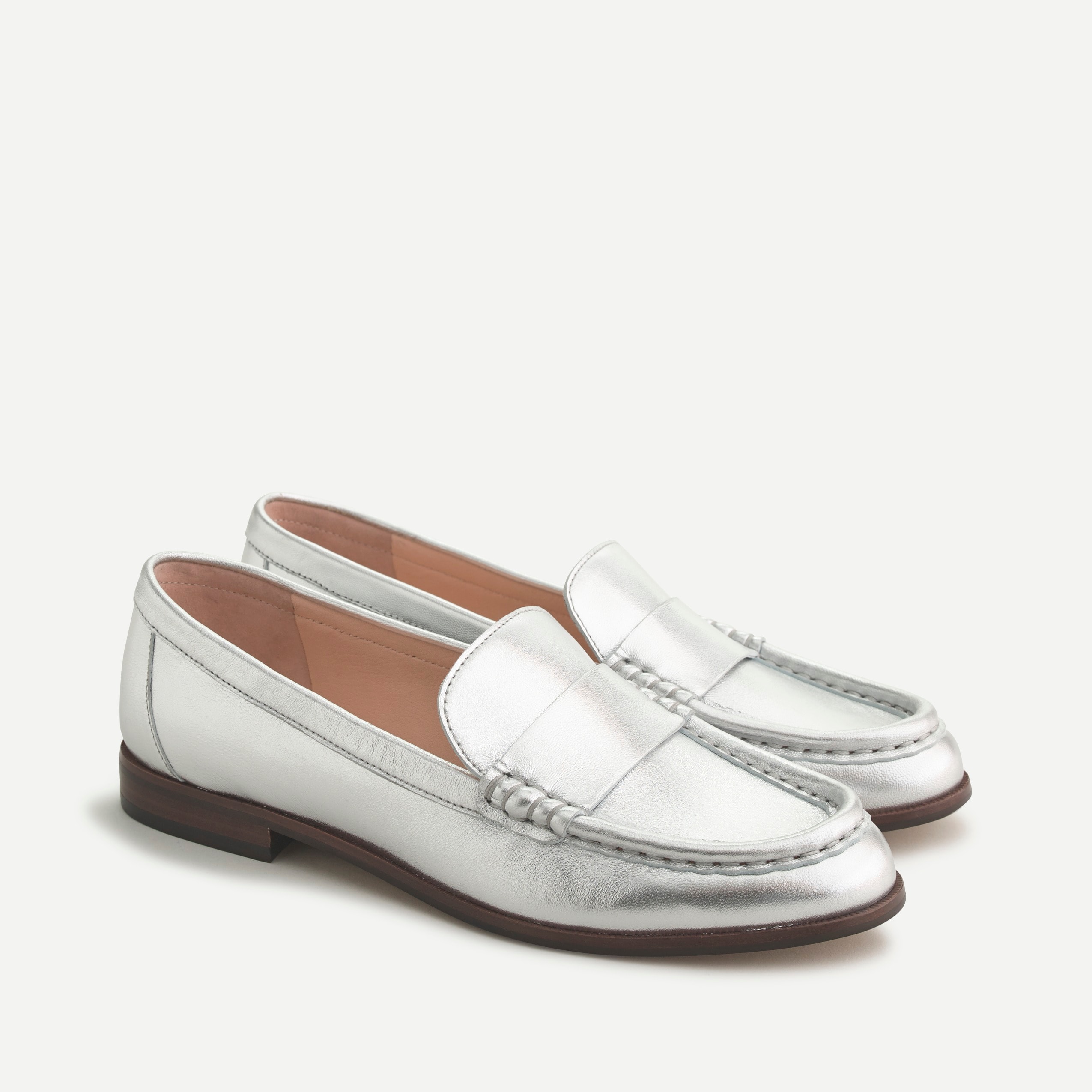 J.Crew: Leather Penny Loafers In Silver 