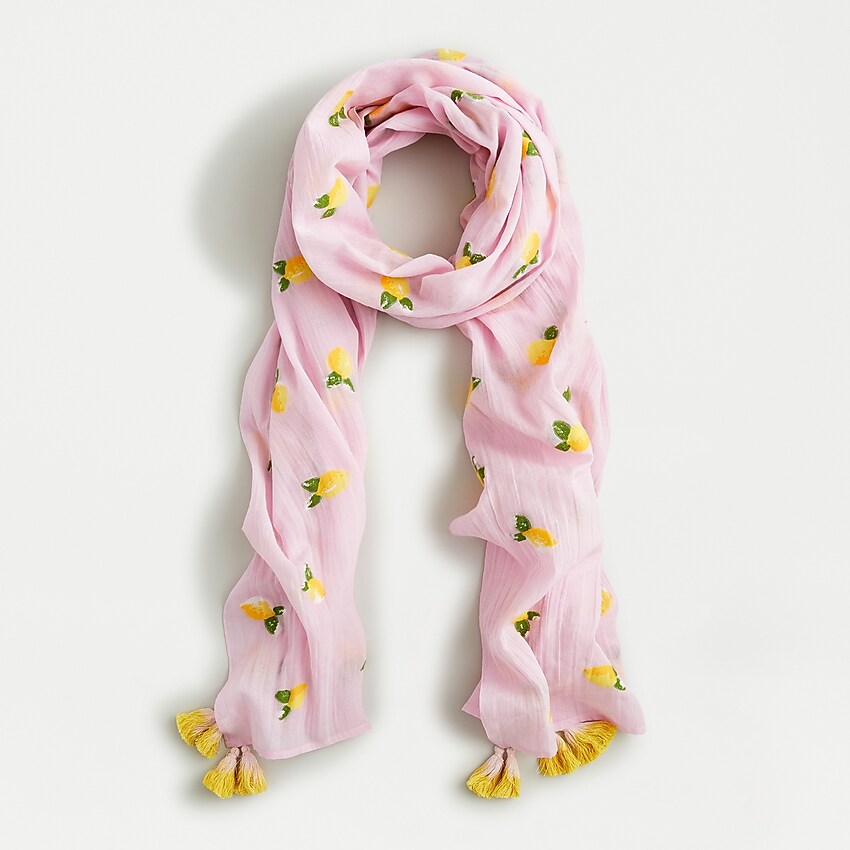 j.crew: organic cotton scarf with embroidered fruits for women, right side, view zoomed