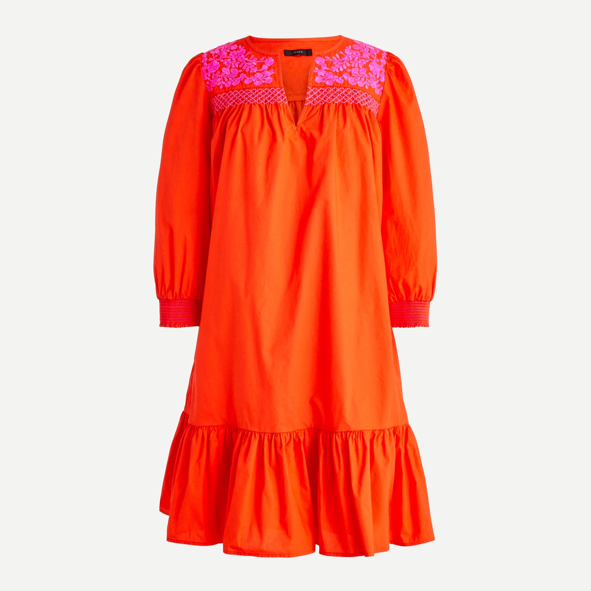 Embroidered popover dress with ruffle hem