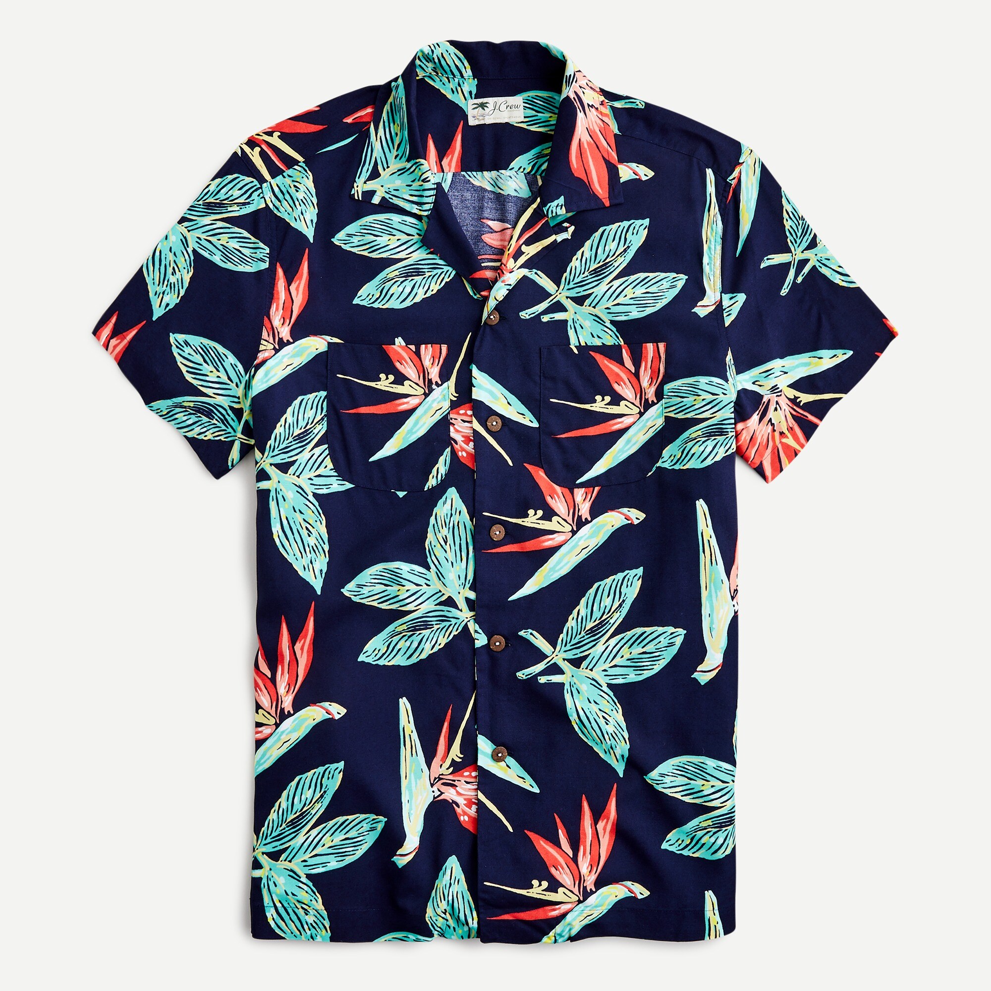 Short-sleeve rayon camp-collar shirt in print