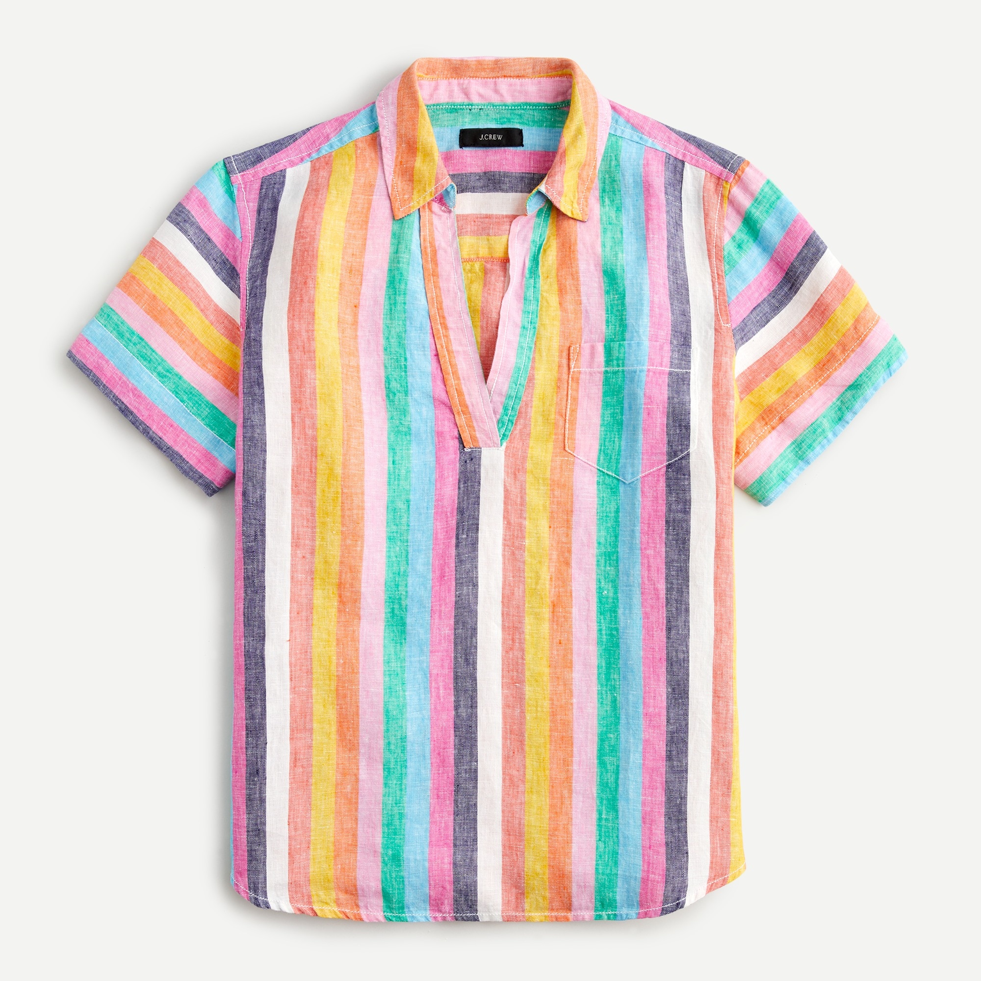 Short-sleeve linen popover top in rainbow stripe