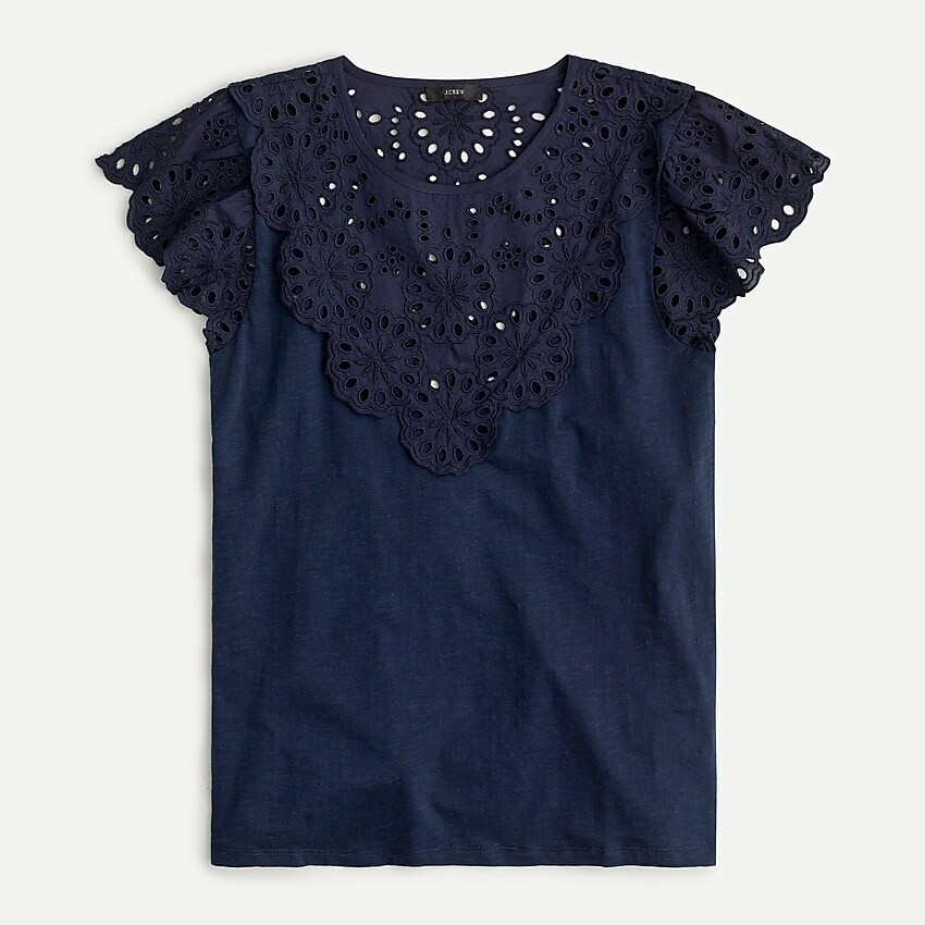 j.crew: embroidered eyelet flutter-sleeve t-shirt for women, right side, view zoomed