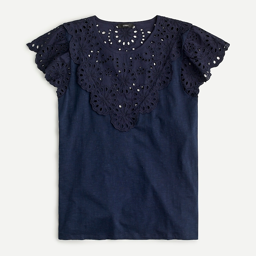 j.crew: embroidered eyelet flutter-sleeve t-shirt for women, right side, view zoomed