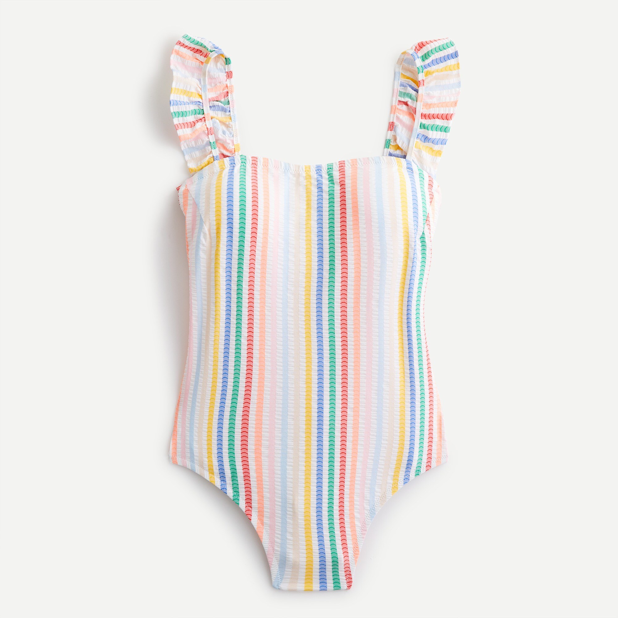 Ruffle strap one-piece in rainbow seersucker