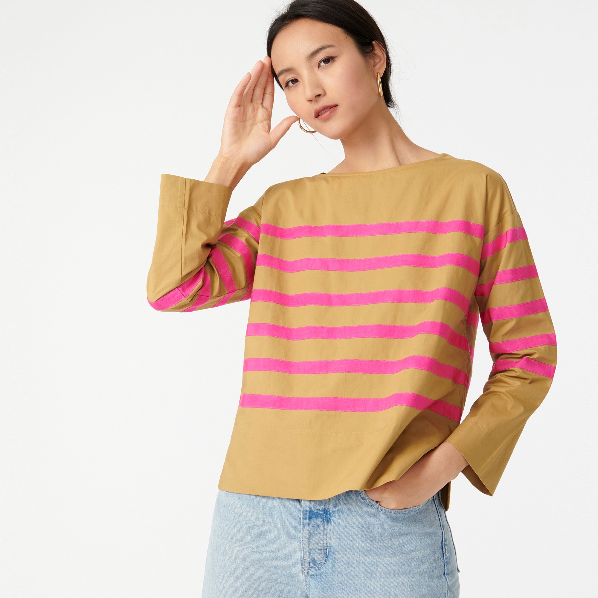 J Crew Cotton Poplin Top With Ribbon Stripe For Women