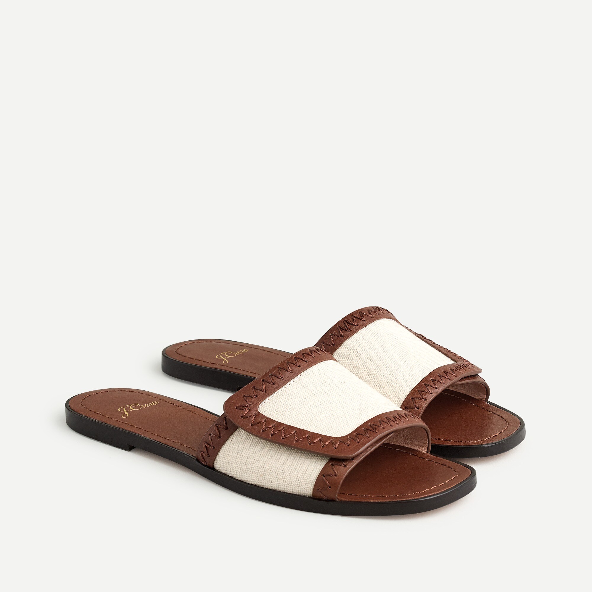 Framed slide sandals in canvas and leather