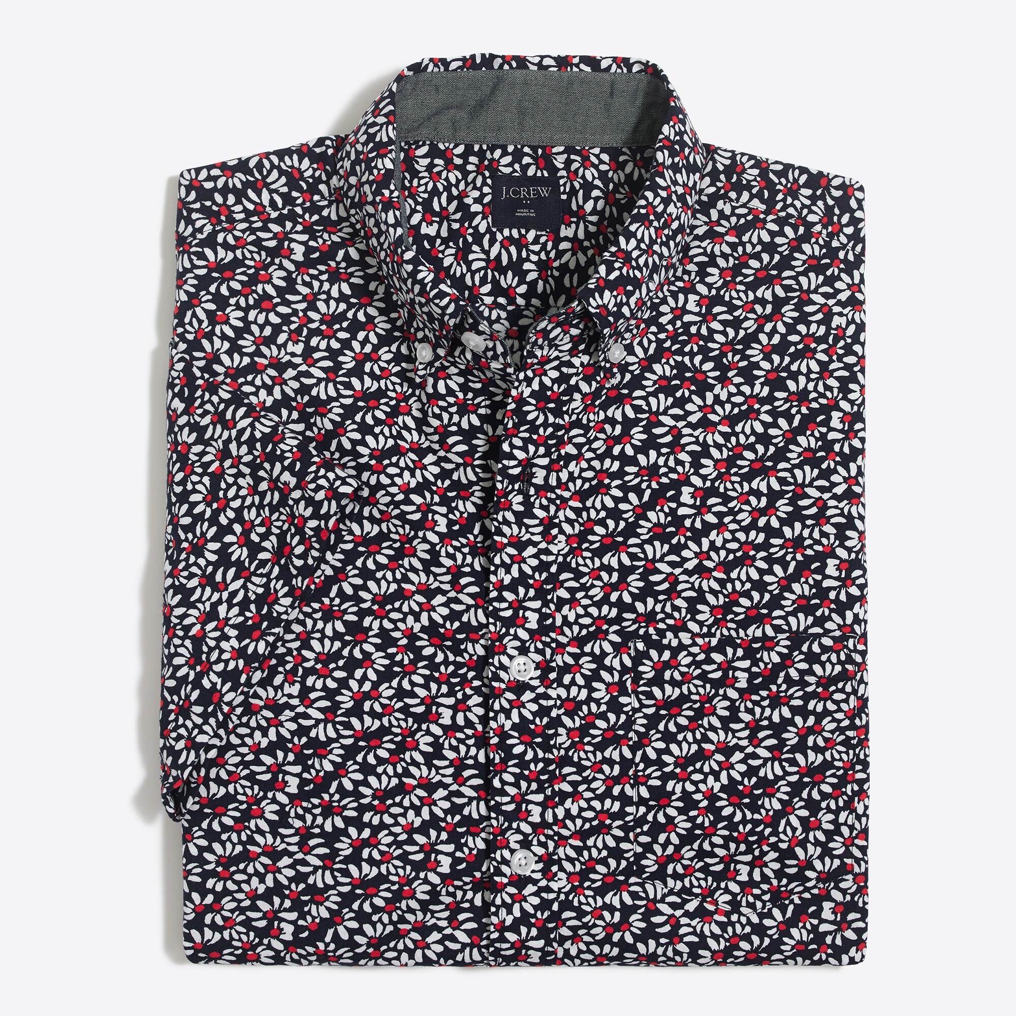 Short-sleeve floral-print slim casual shirt