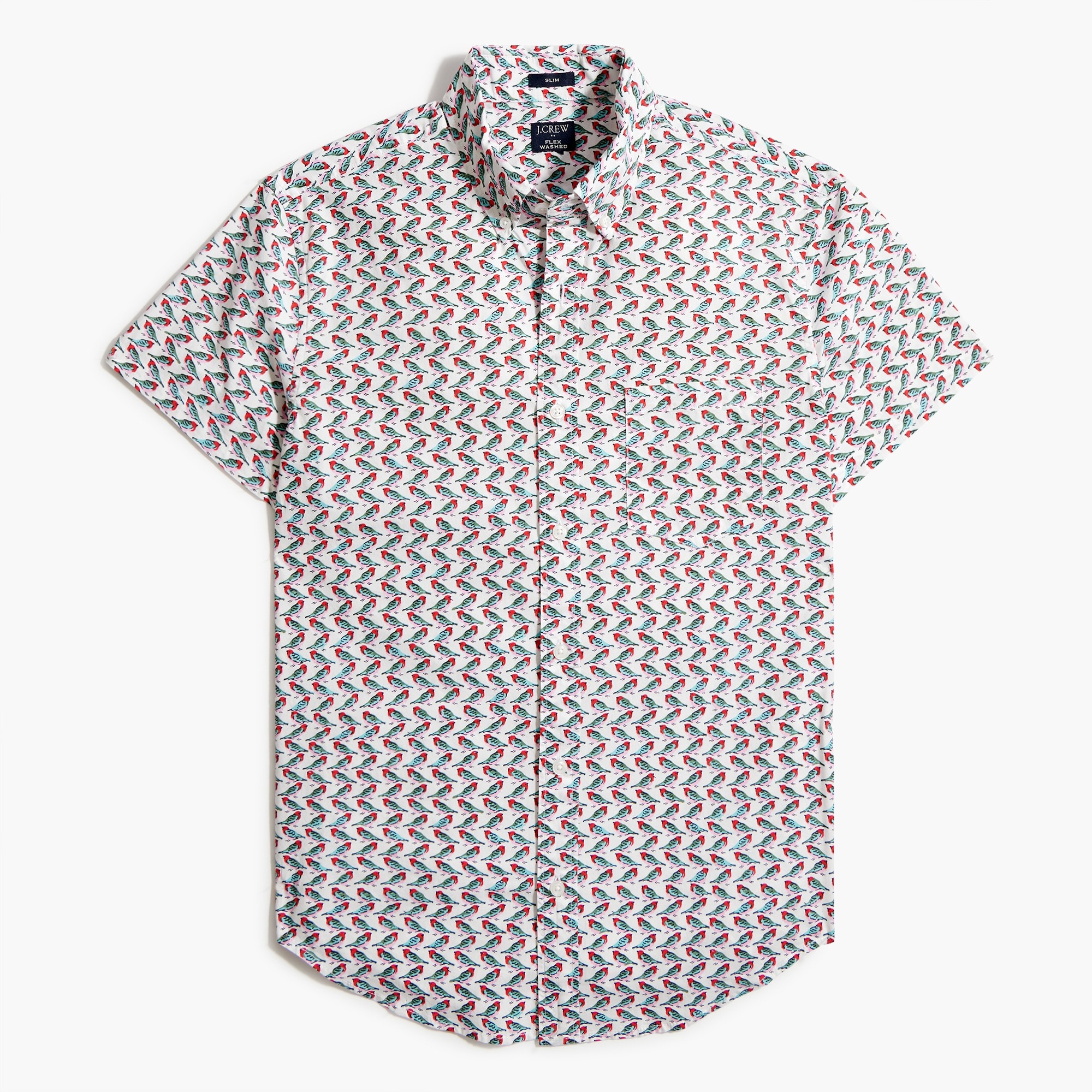 Short-sleeve bird-print slim casual shirt