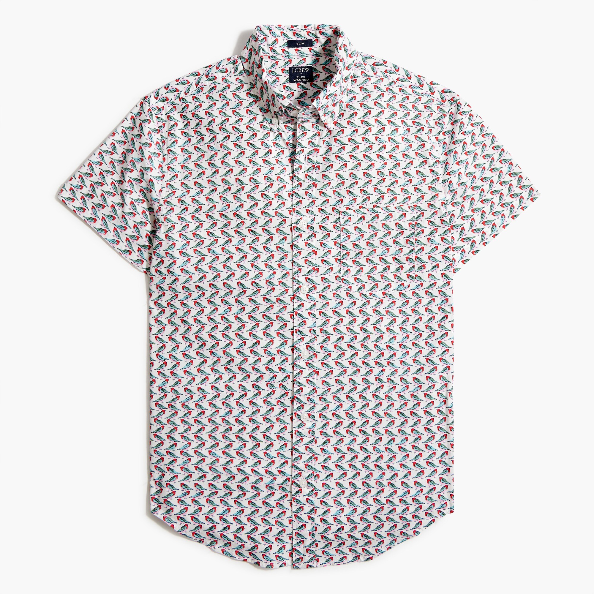 short-sleeve bird-print slim casual shirt for men