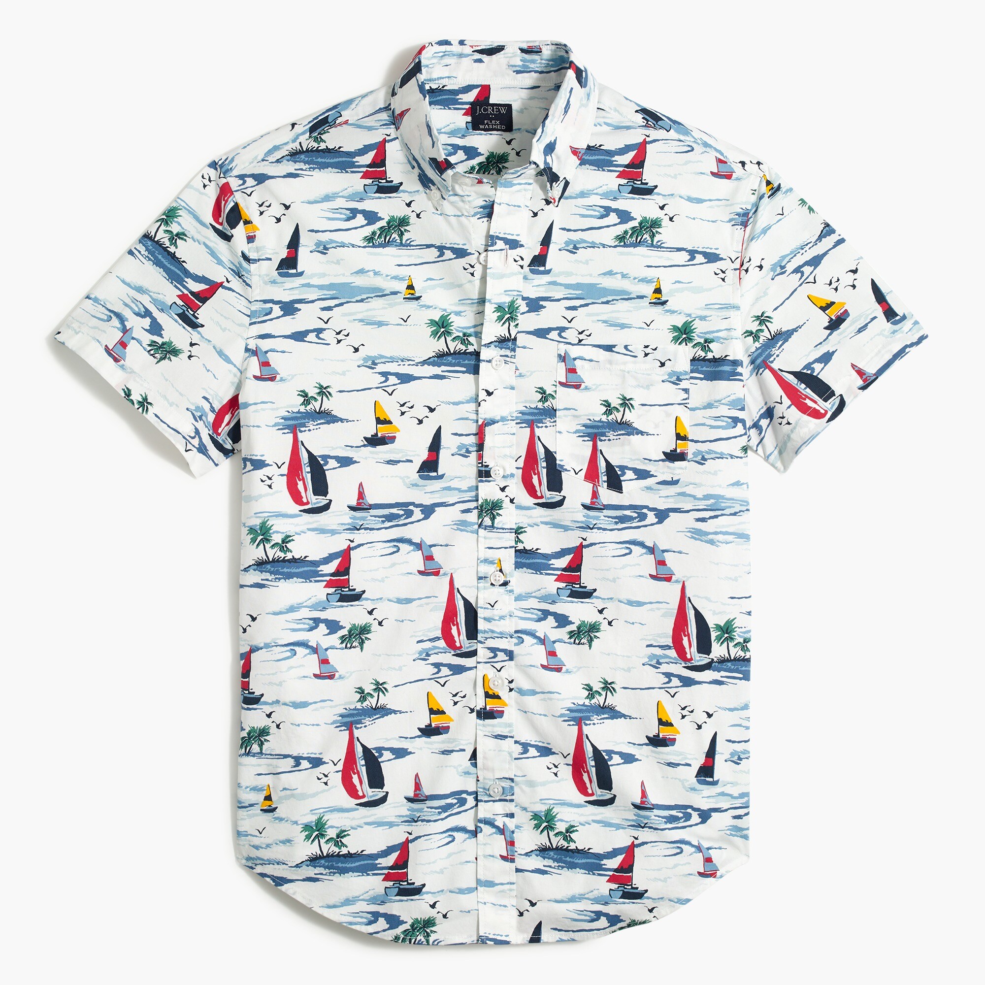 Short-sleeve sailboat-print slim casual shirt