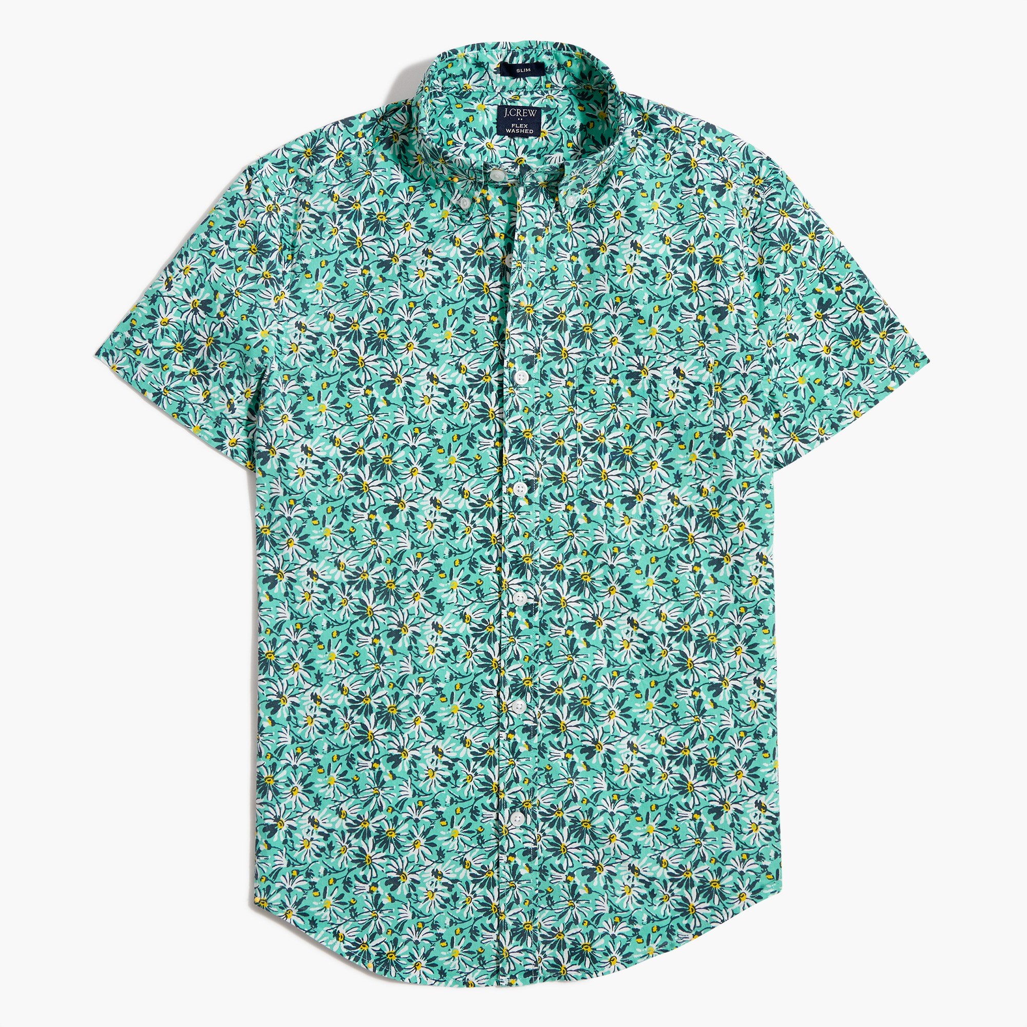 Short-sleeve floral-print slim casual shirt